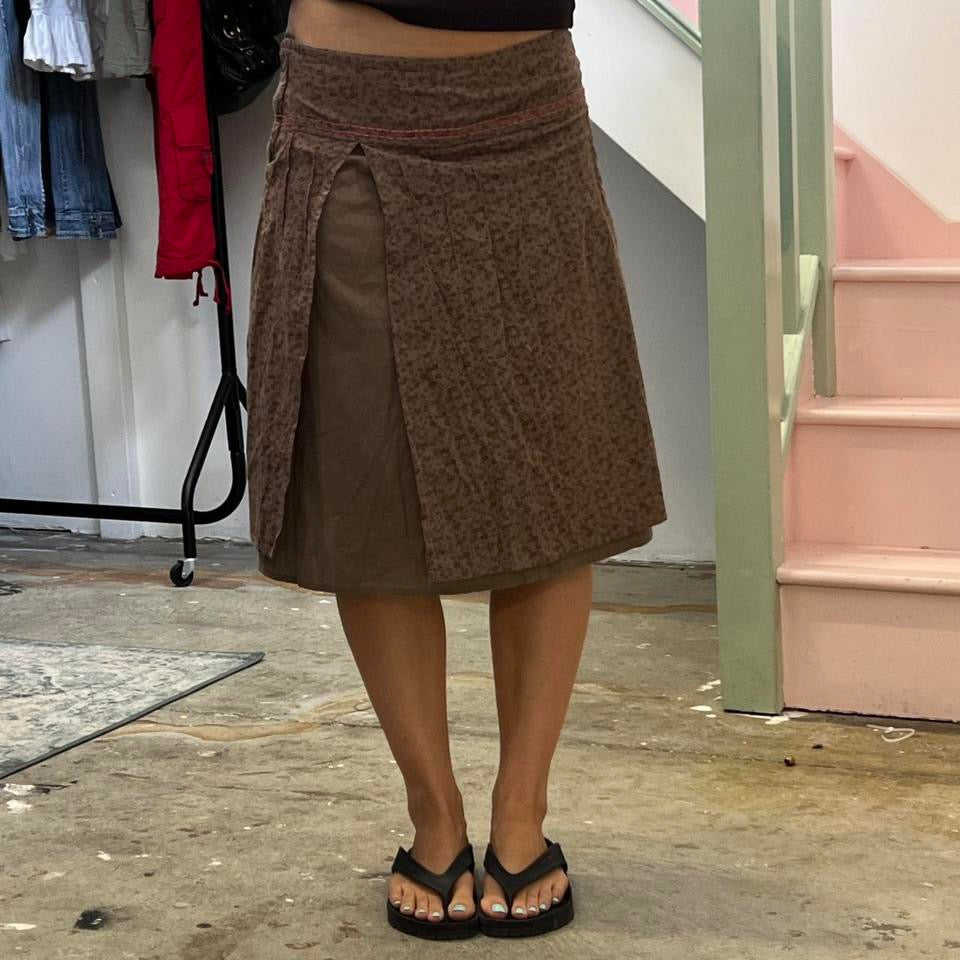 Brown ditsy floral midi skirt
