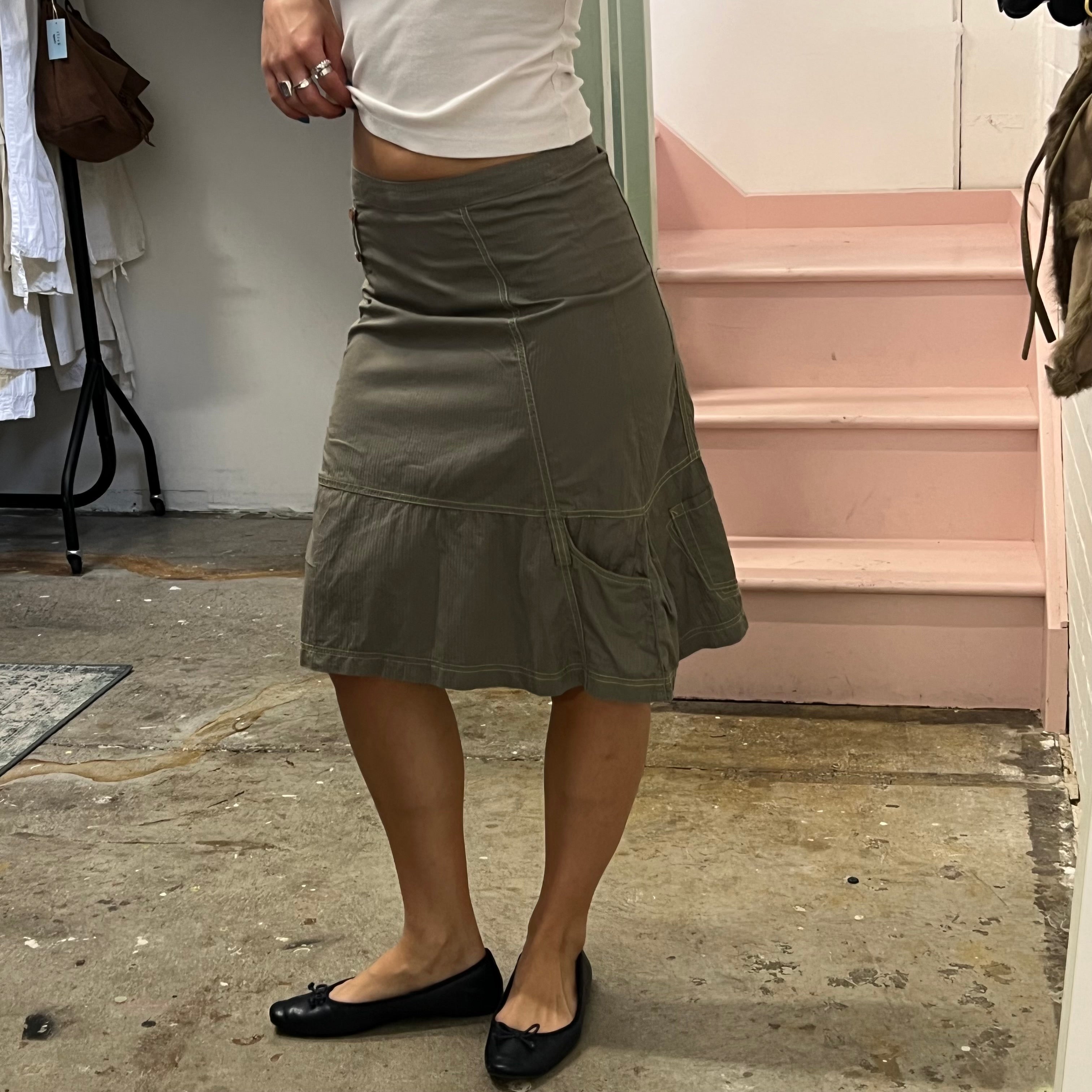 Cache pinstripe khaki cargo midi skirt