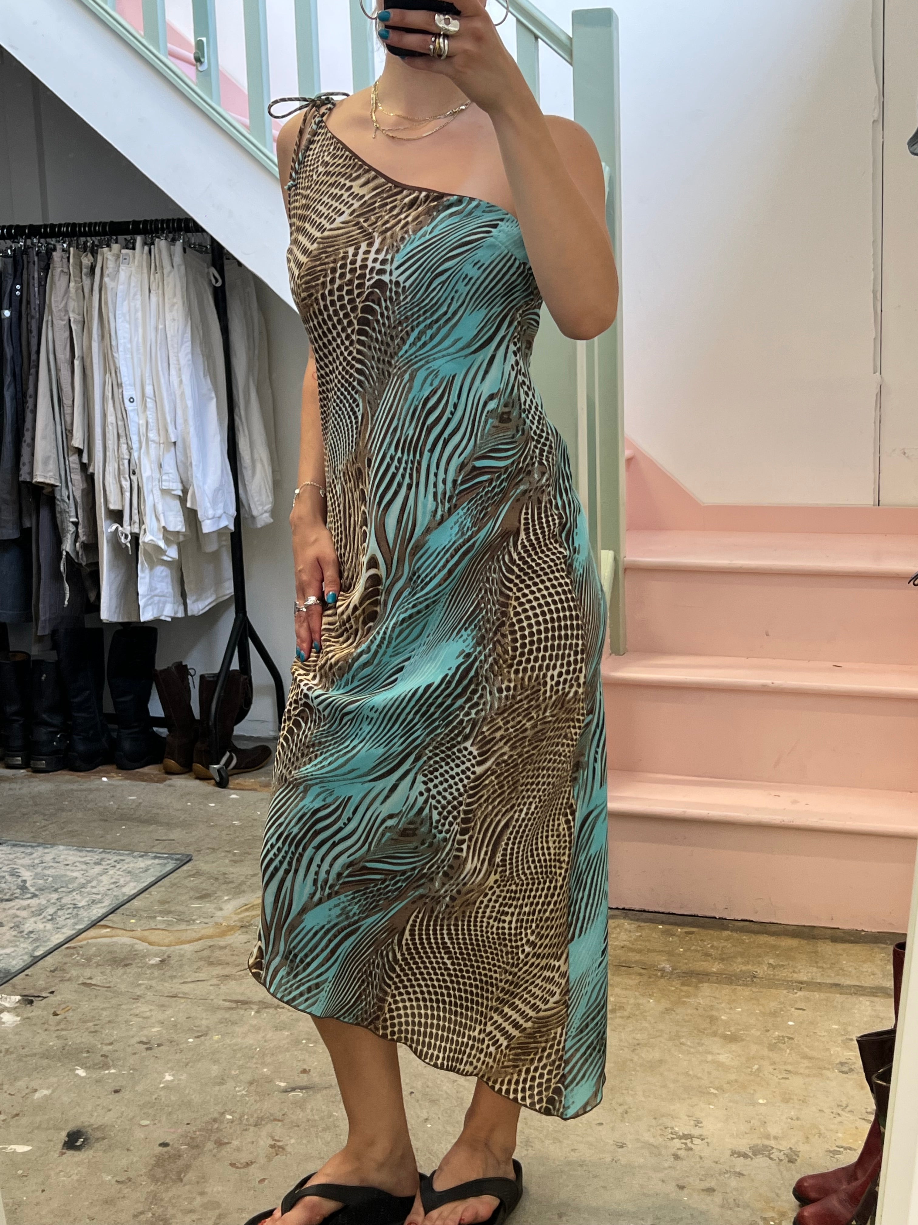 Brown and blue snakeskin one shoulder slip dress