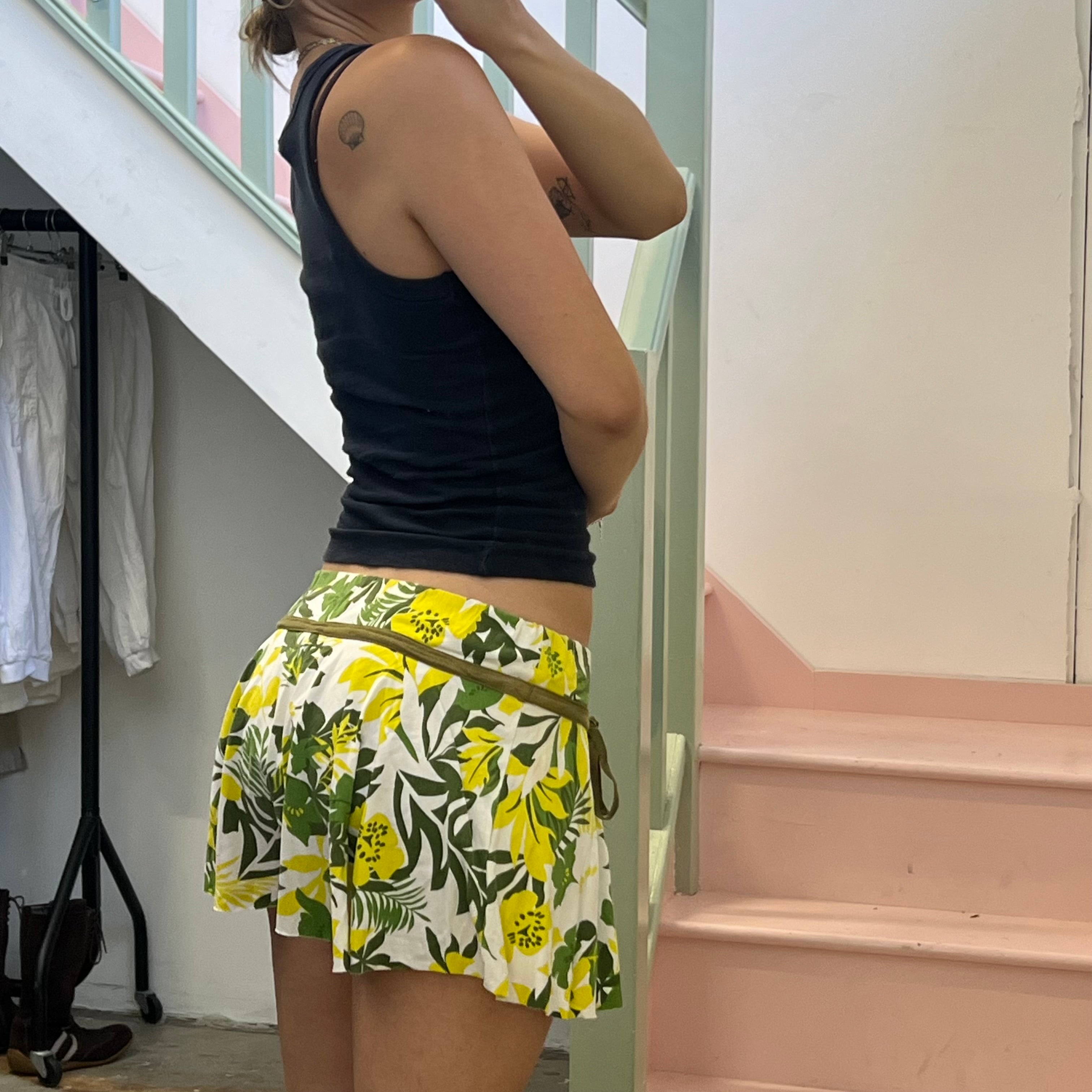 Yellow and green floral low rise mini skirt