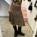 Khaki embroidered asymmetrical midi skirt