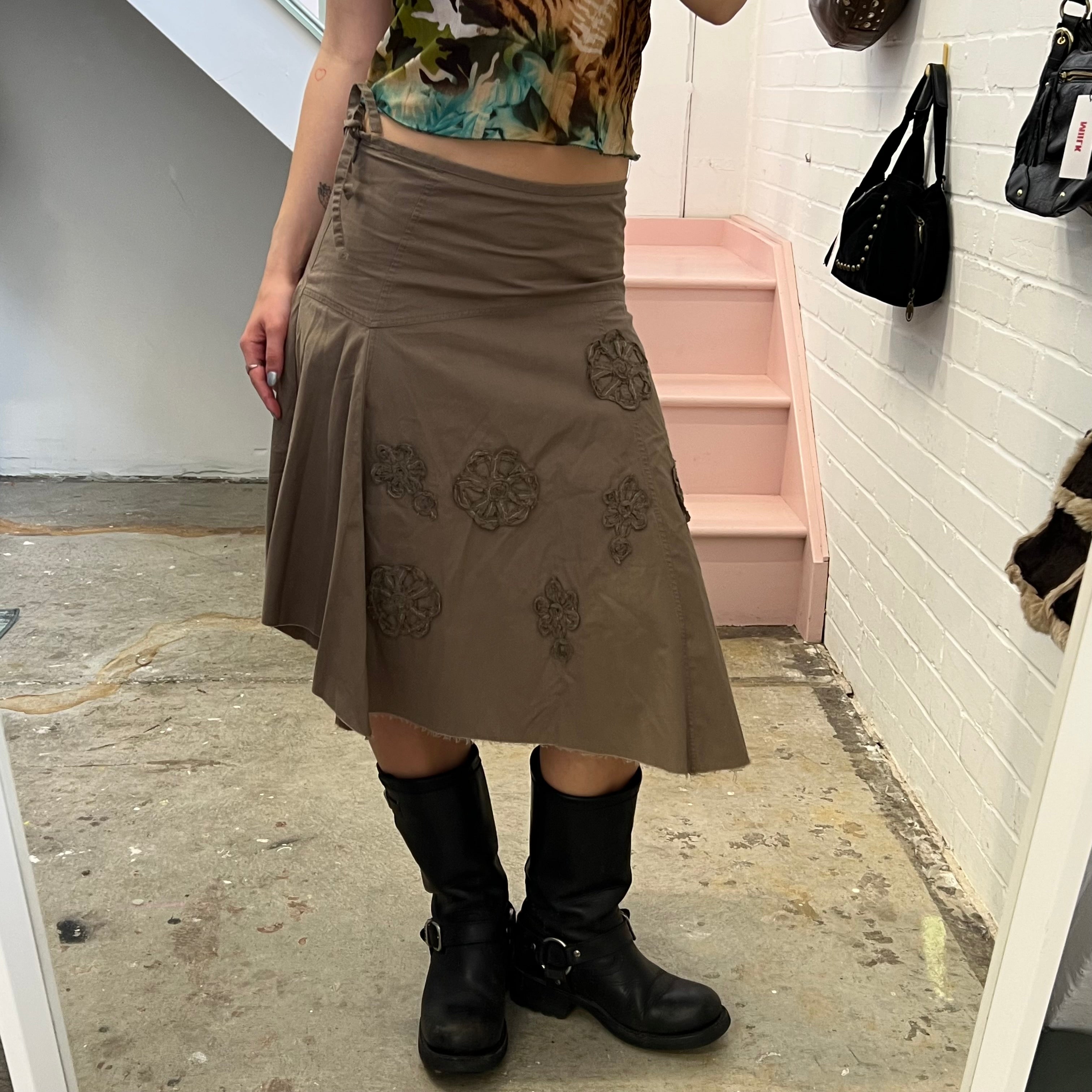 Khaki embroidered asymmetrical midi skirt