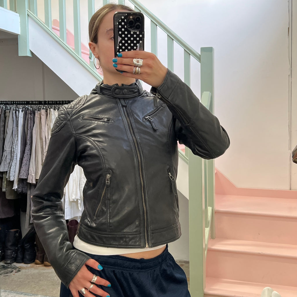 Black leather fitted biker jacket