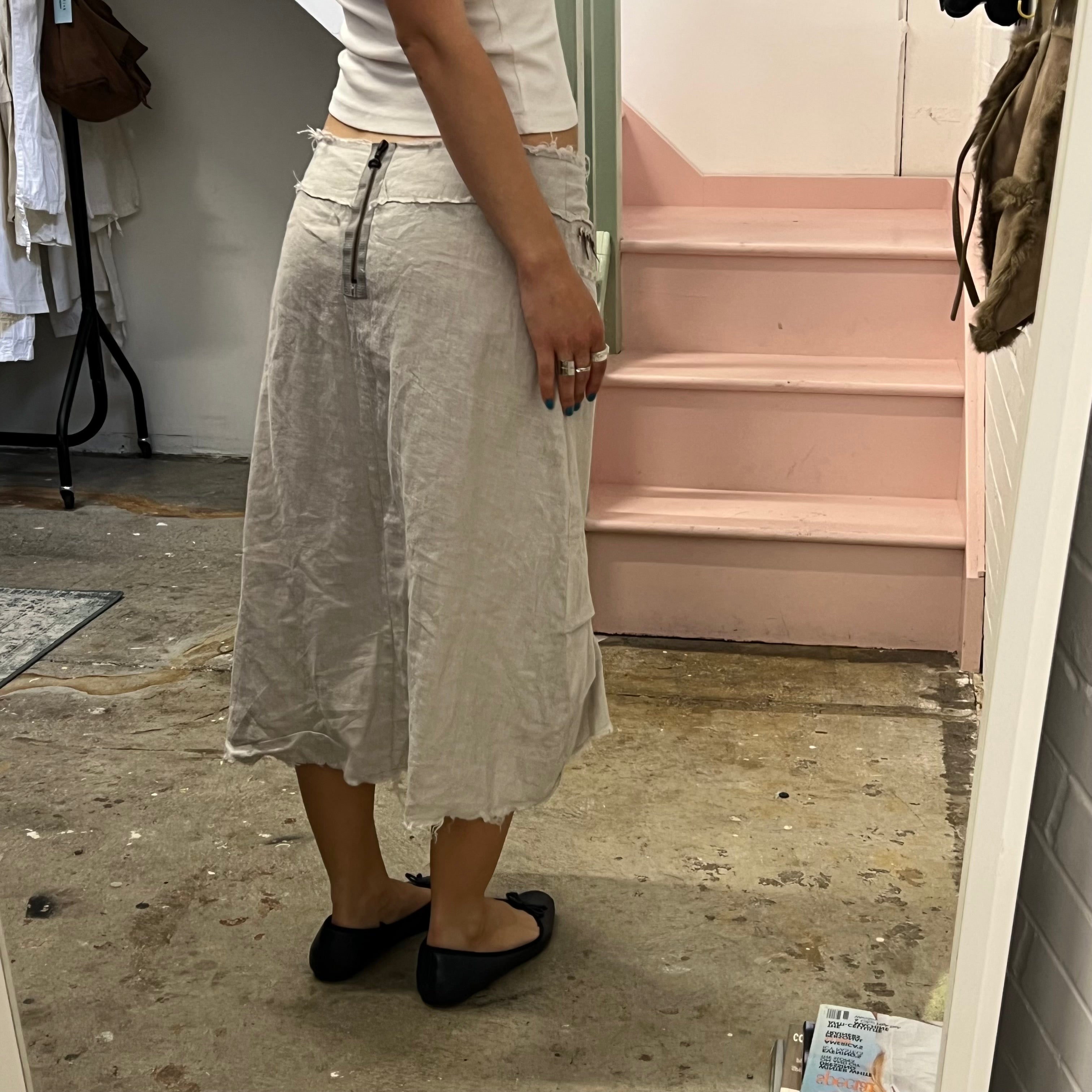 Grey linen asymmetrical beaded maxi skirt