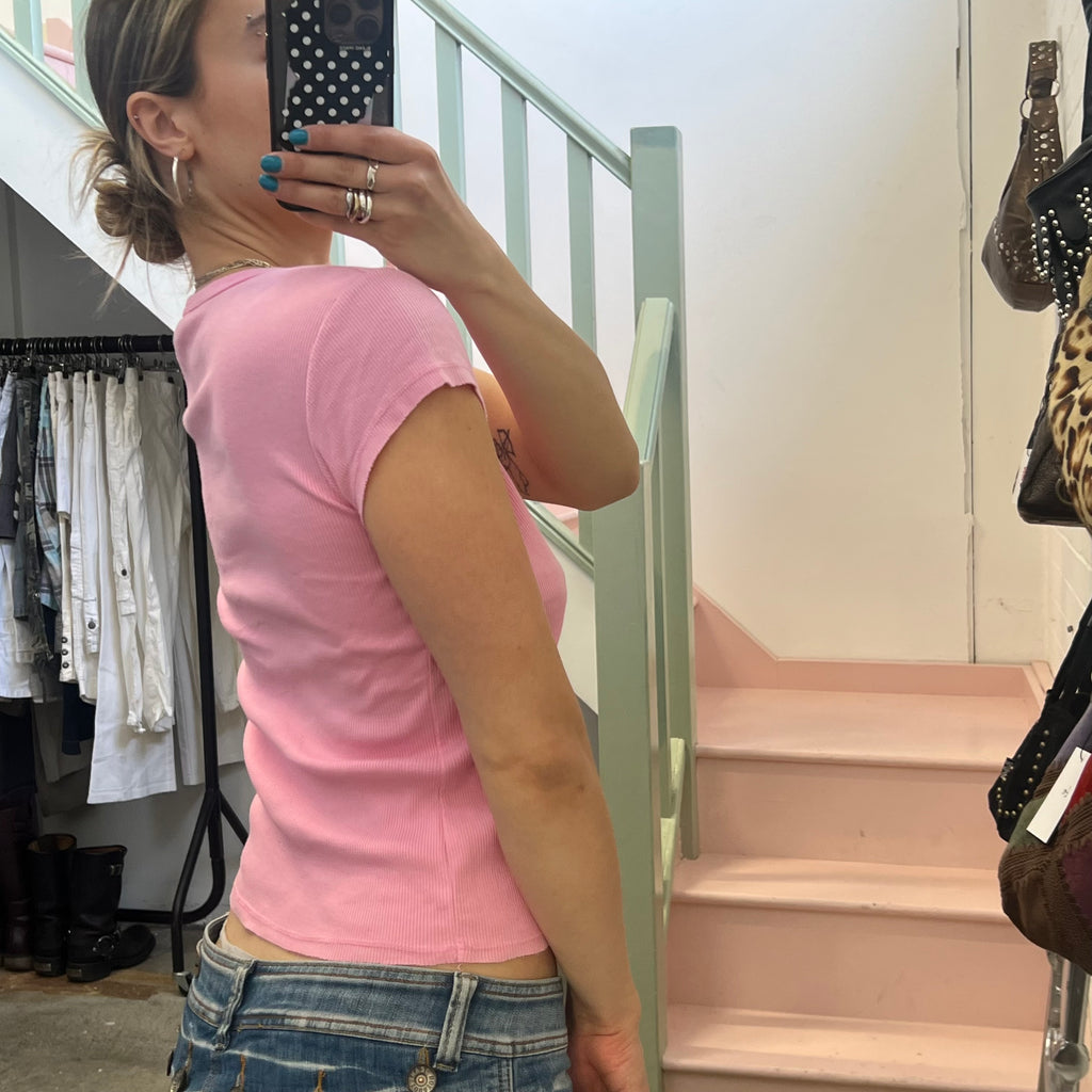 Pink ribbed button up tee