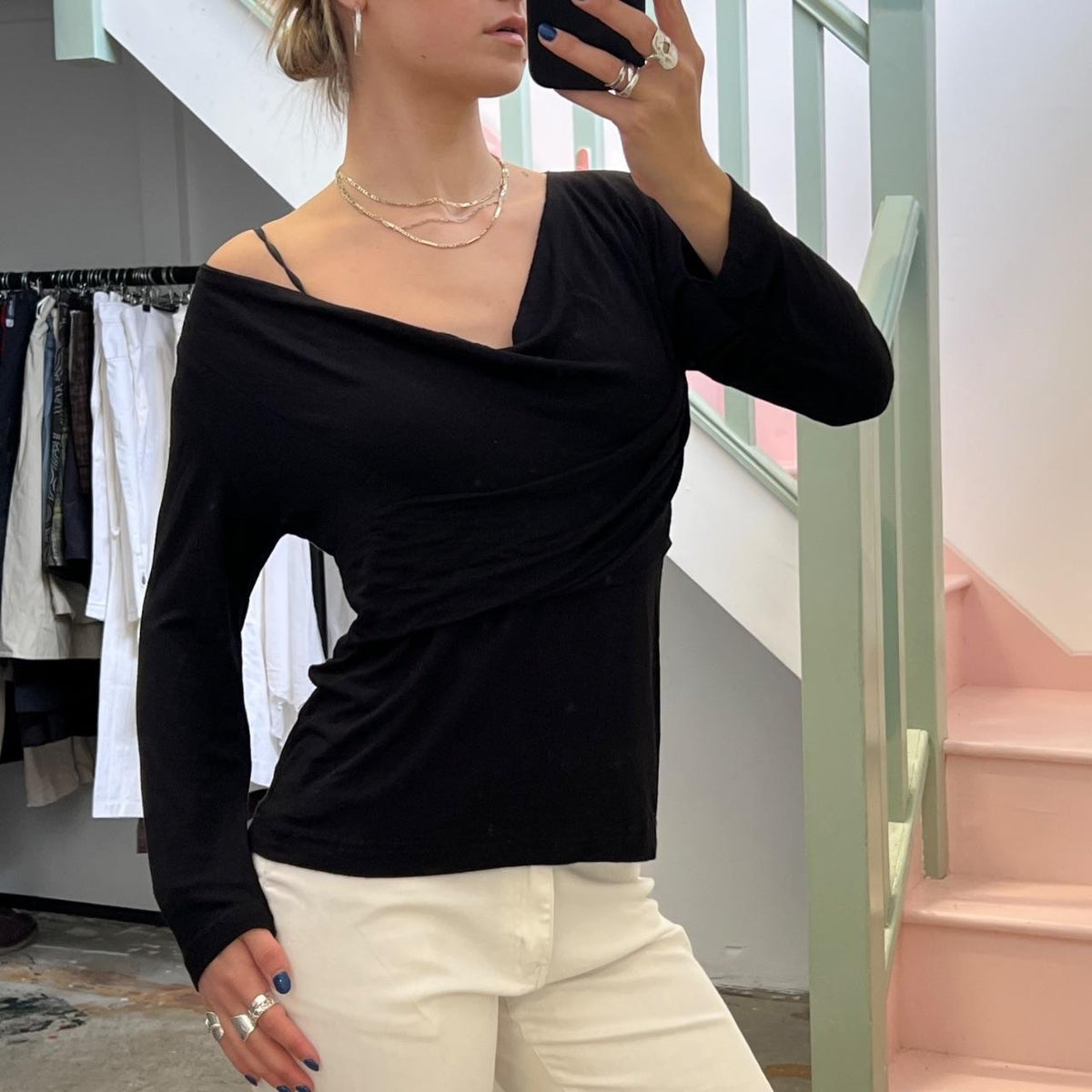 Black slouchy cowl neck top