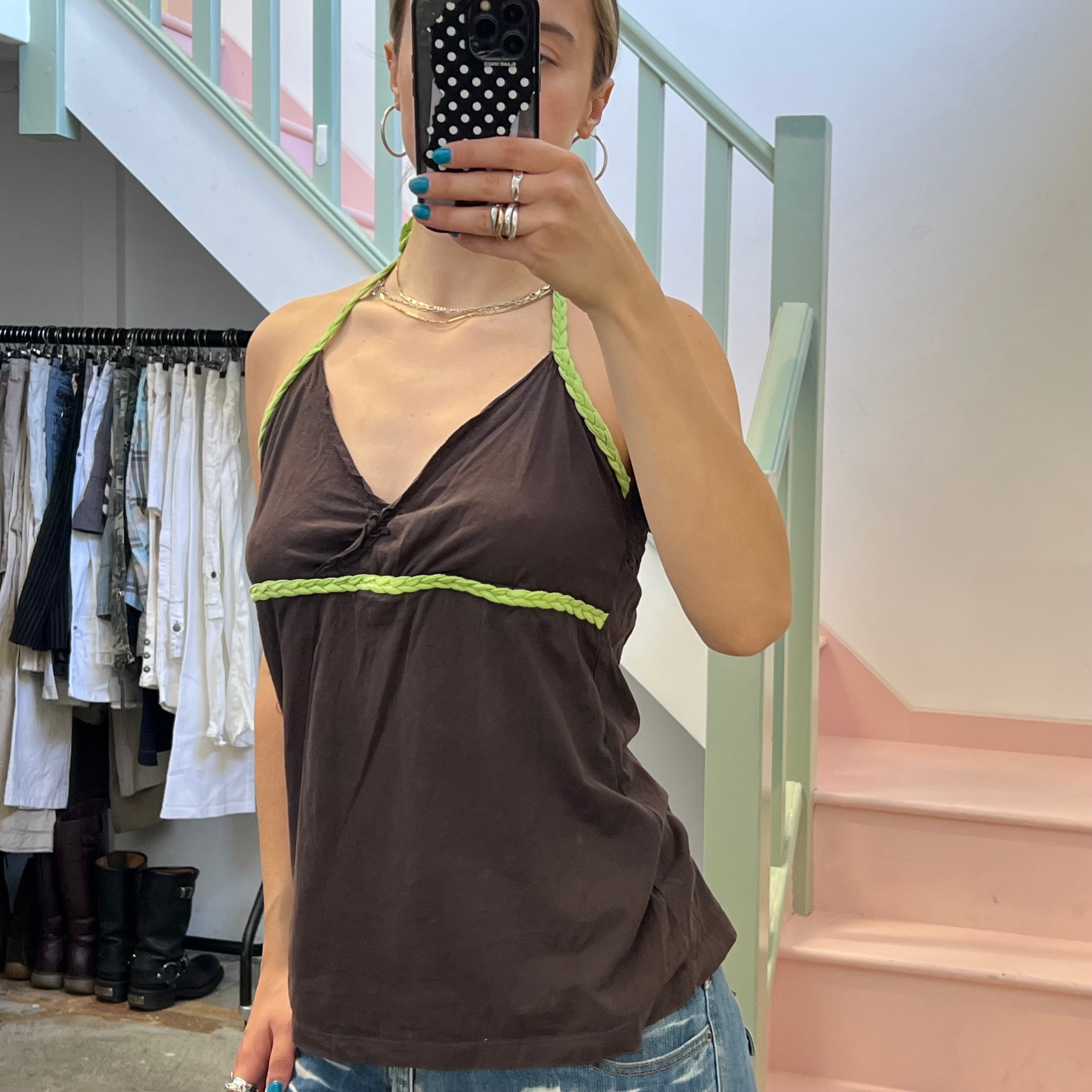 Brown and lime green halterneck vest
