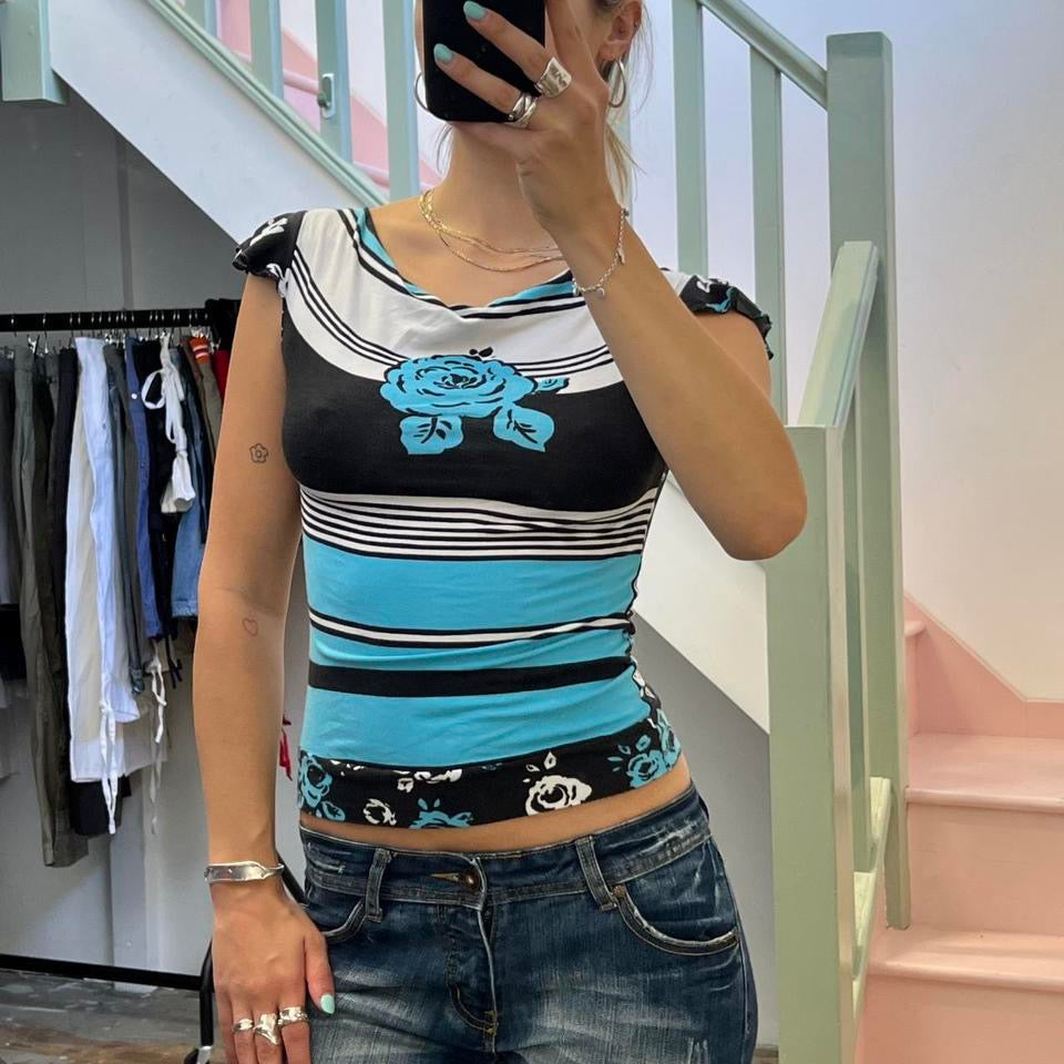 Blue floral printed boat neck top