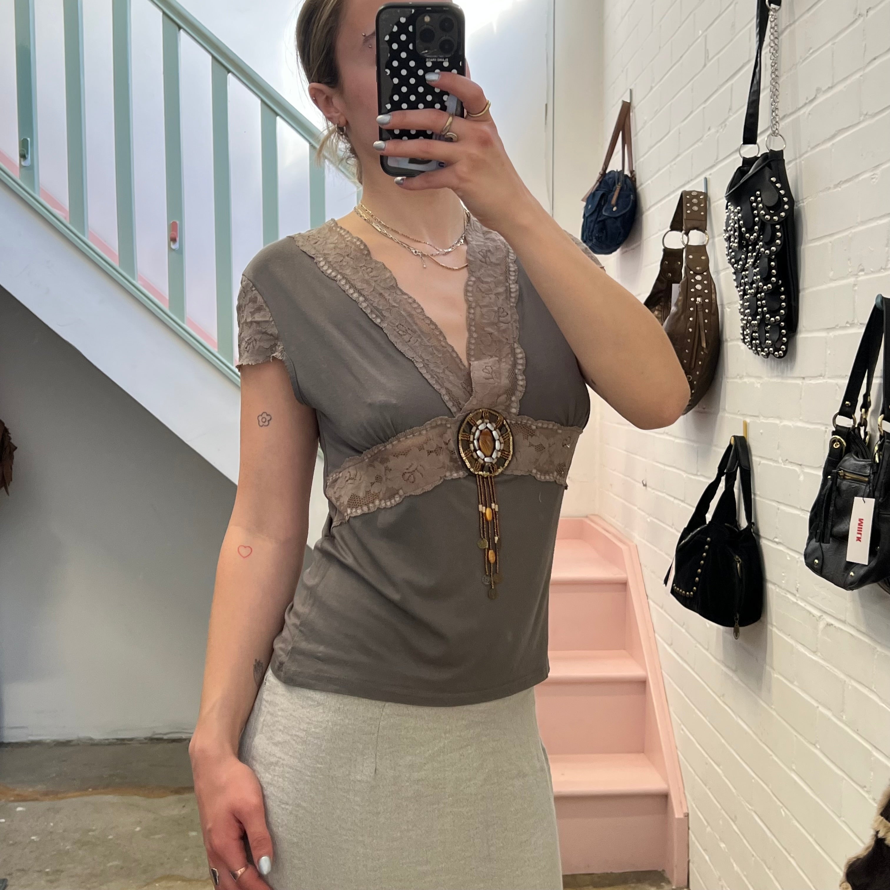Grey lace trim beaded top