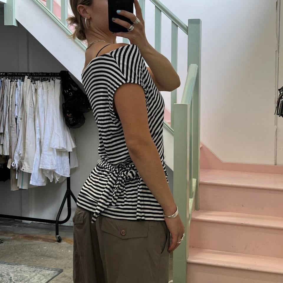 Striped off shoulder slouchy tie waist top