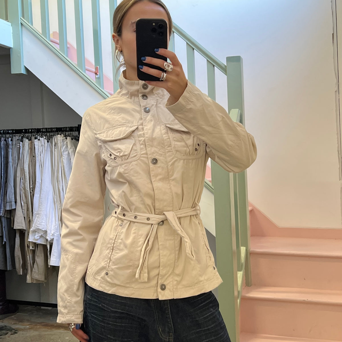 Cream belted biker jacket
