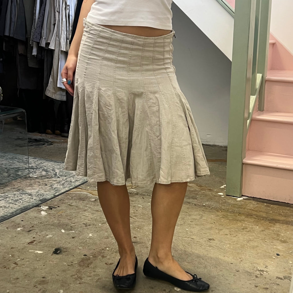 Cream pleated linen midi skirt