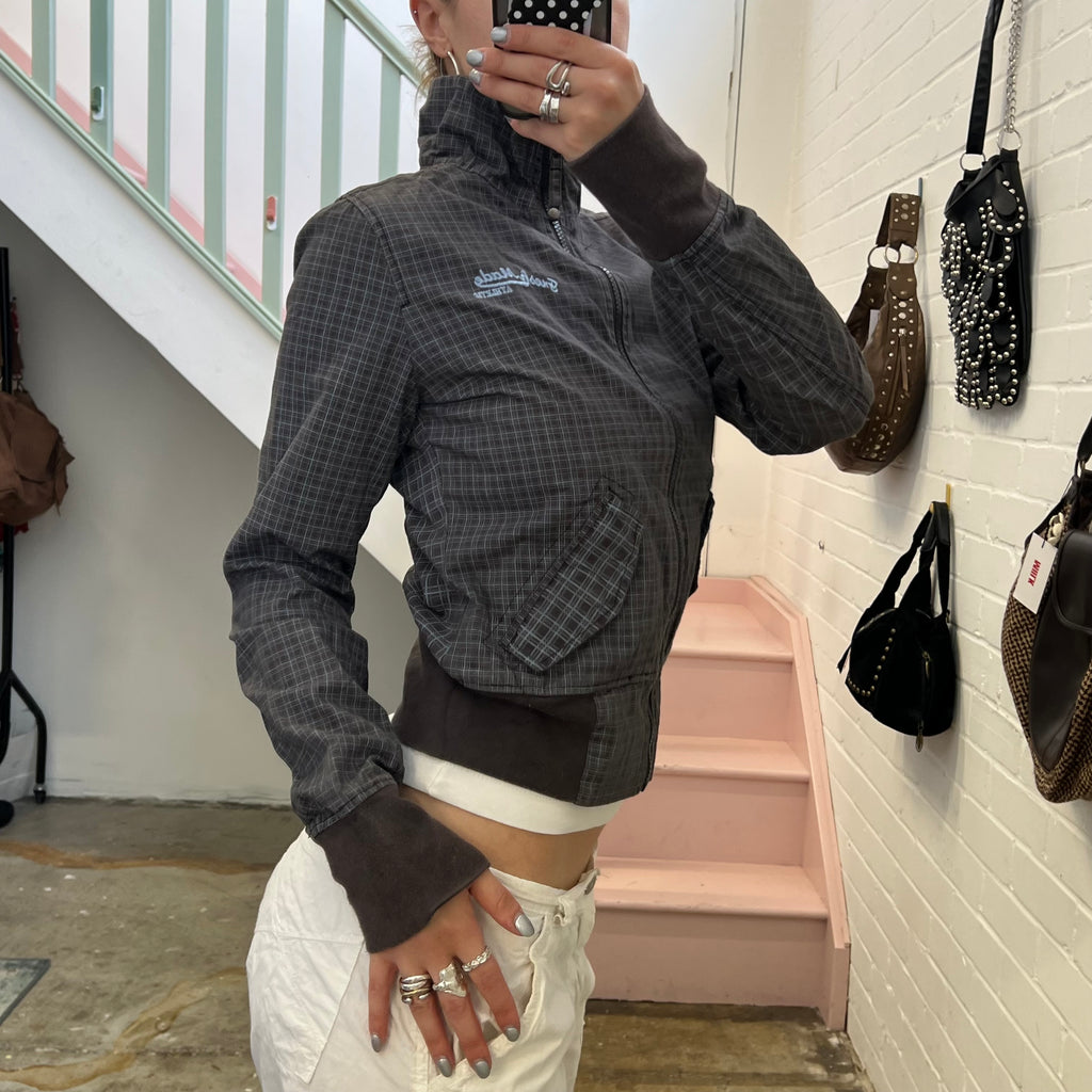 Grey checkered gingham lightweight vintage bomber jacket