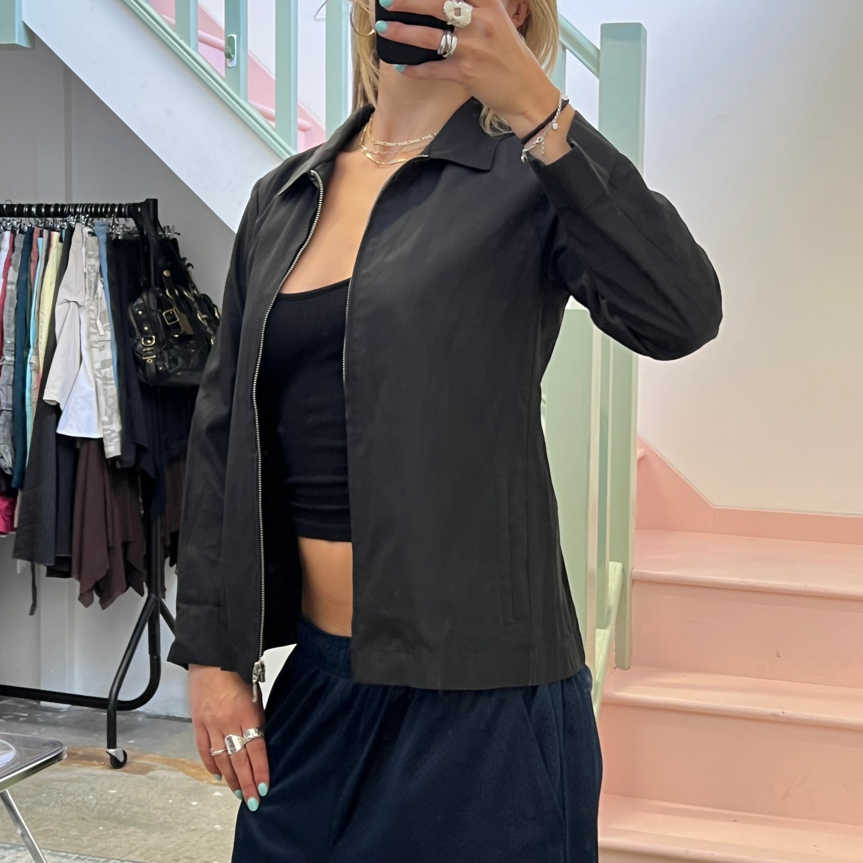 Black lightweight zip up fitted jacket