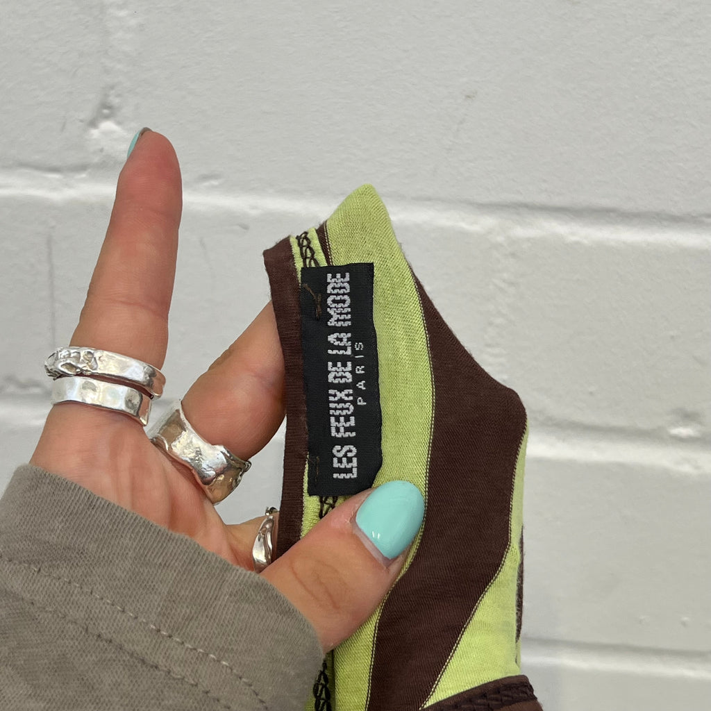 Green and brown striped v neck vest