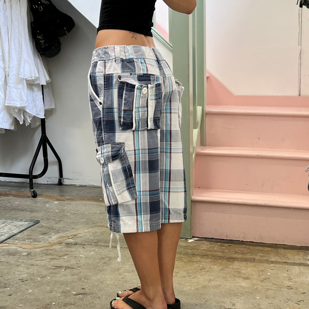 White and blue checkered baggy cargo shorts