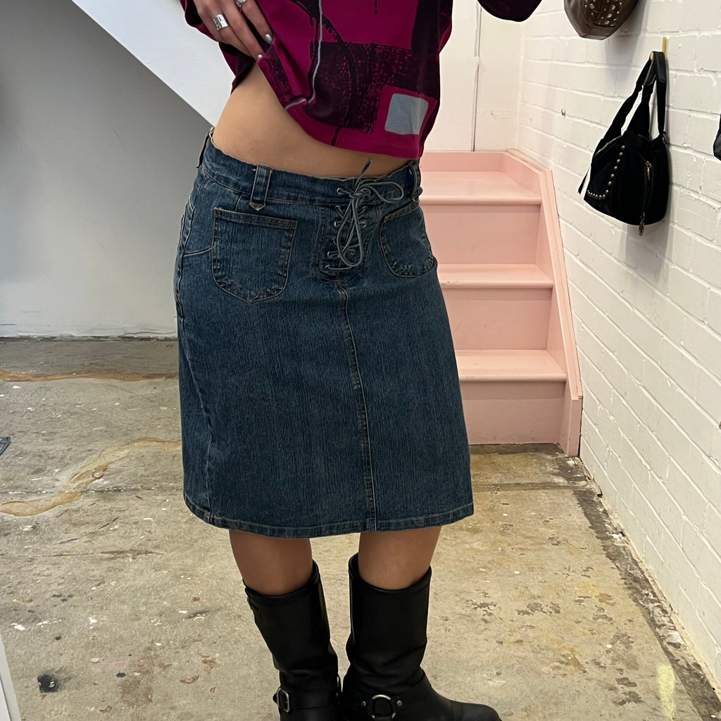 denim midi skirt with lace up waist