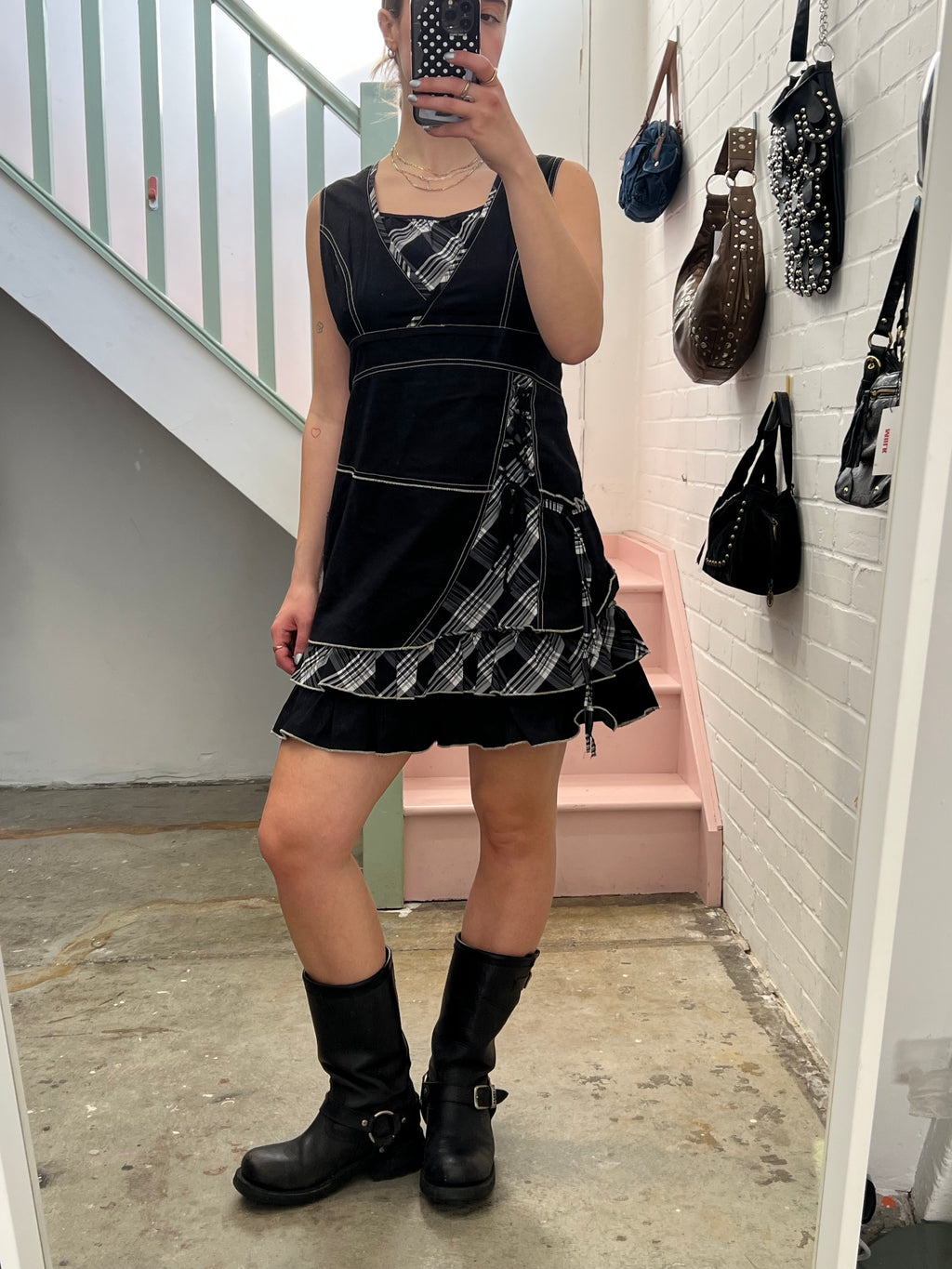Black and grey layered checkered utility style mini dress