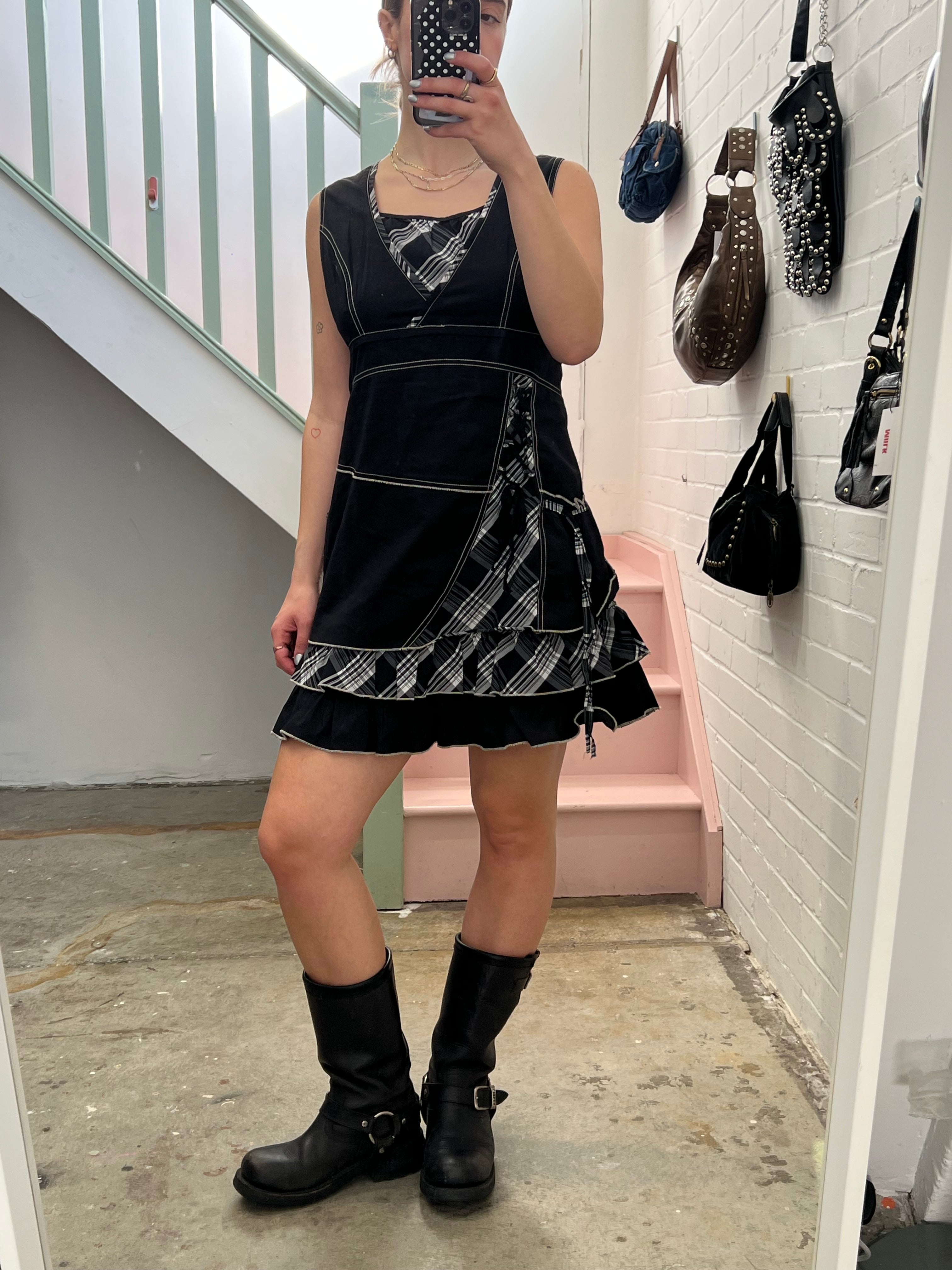 Black and grey layered checkered utility style mini dress