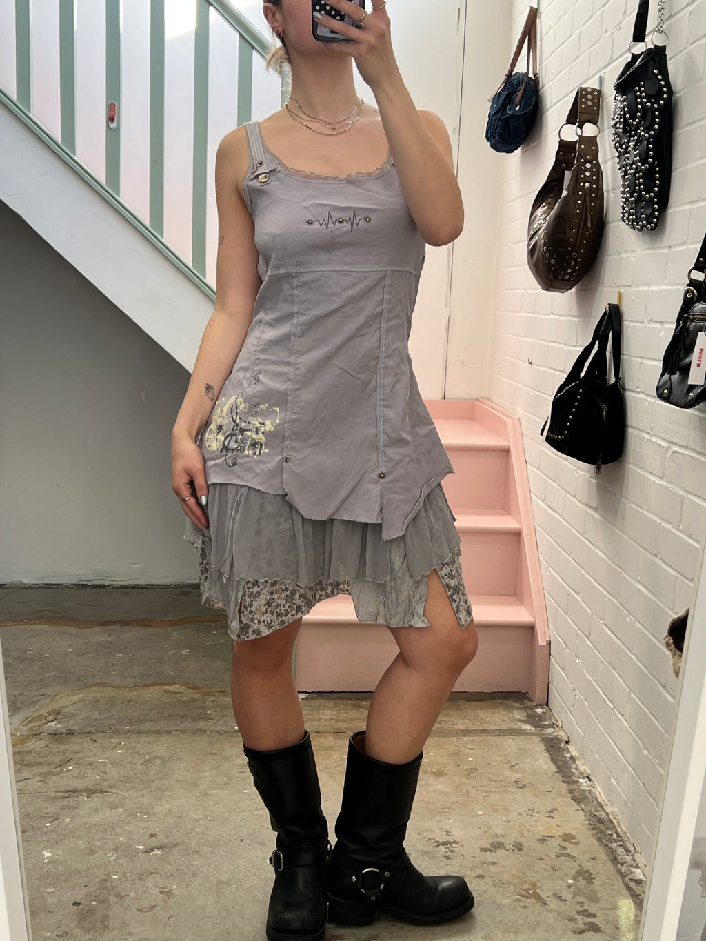 Grey layered utility style mini dress