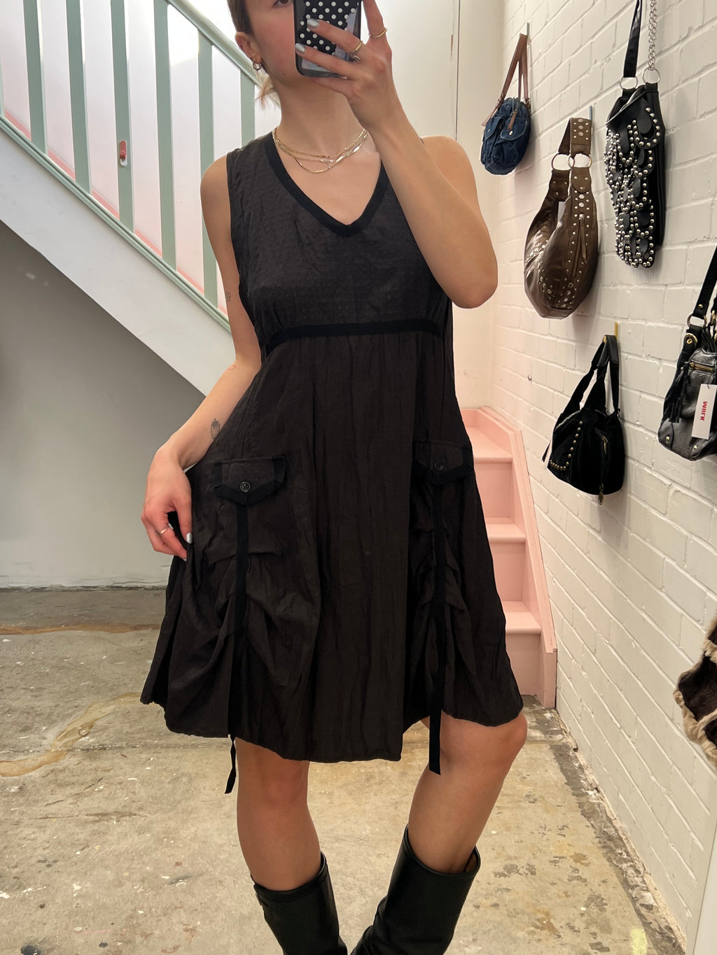 Grey brown crinkle floaty utility midi dress