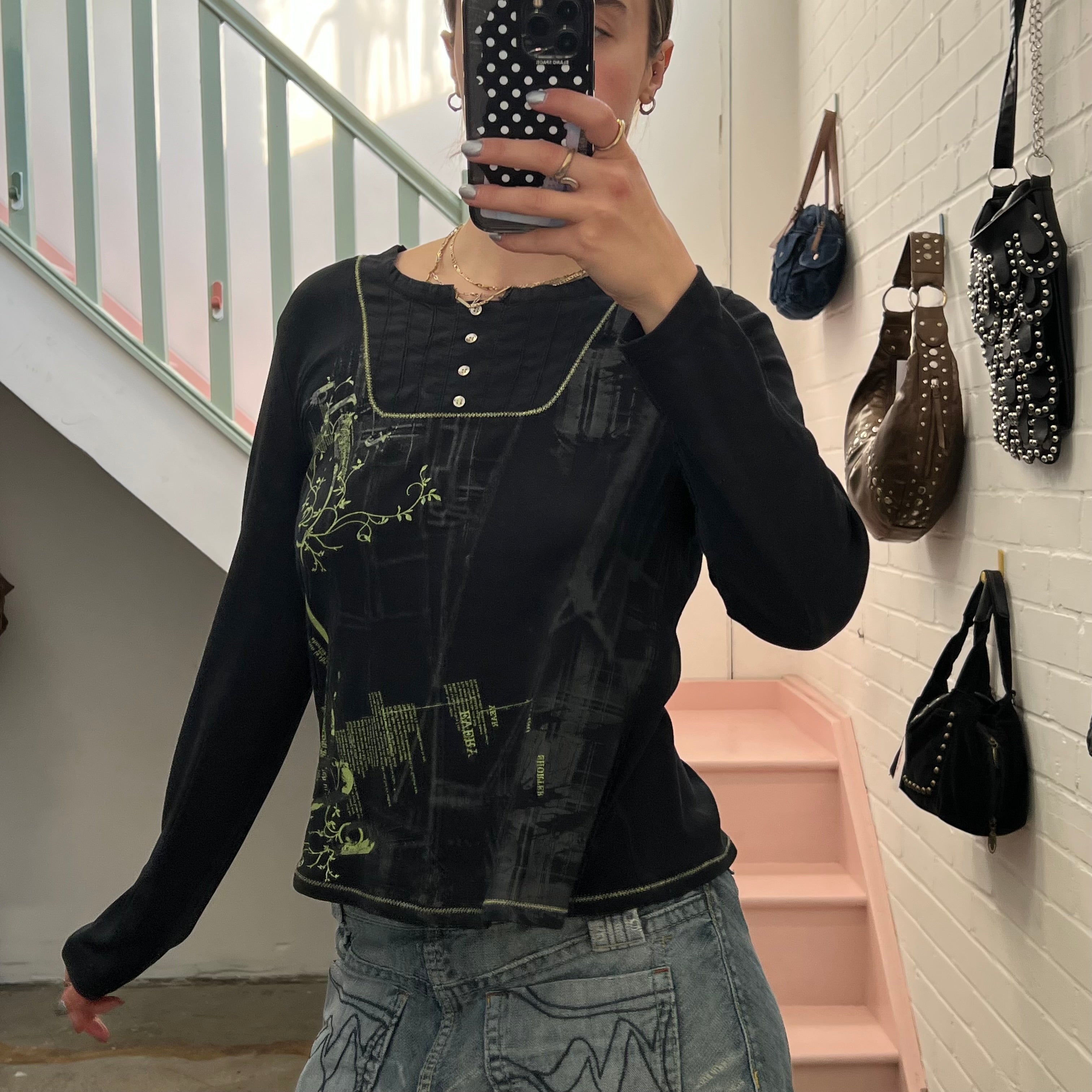 Black printed long sleeve top