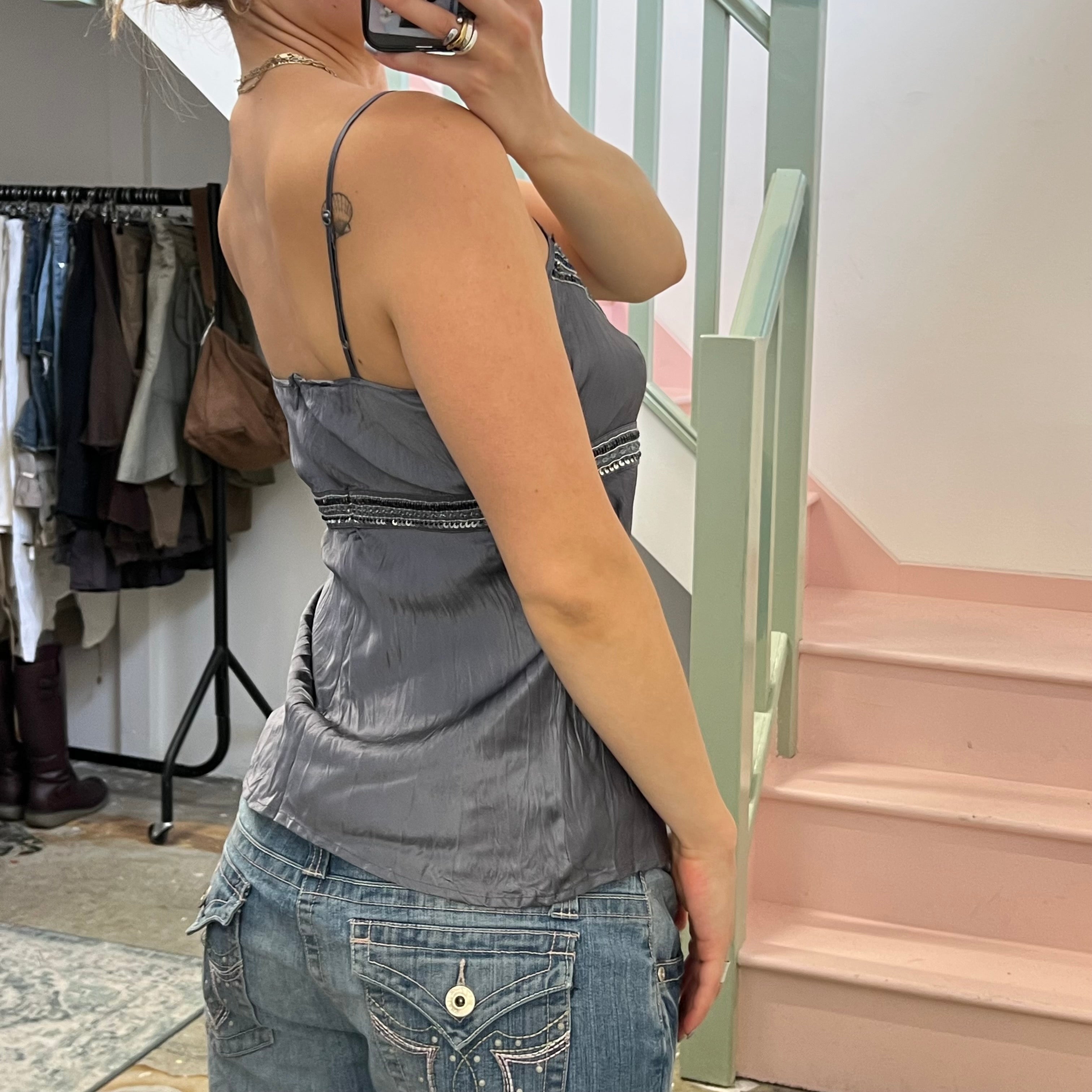 Grey silk crinkle beaded cami