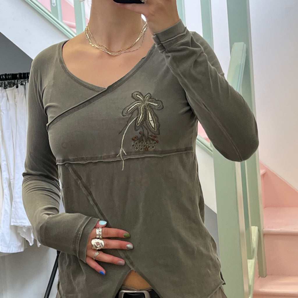 Khaki embroidered asymmetrical long sleeve top