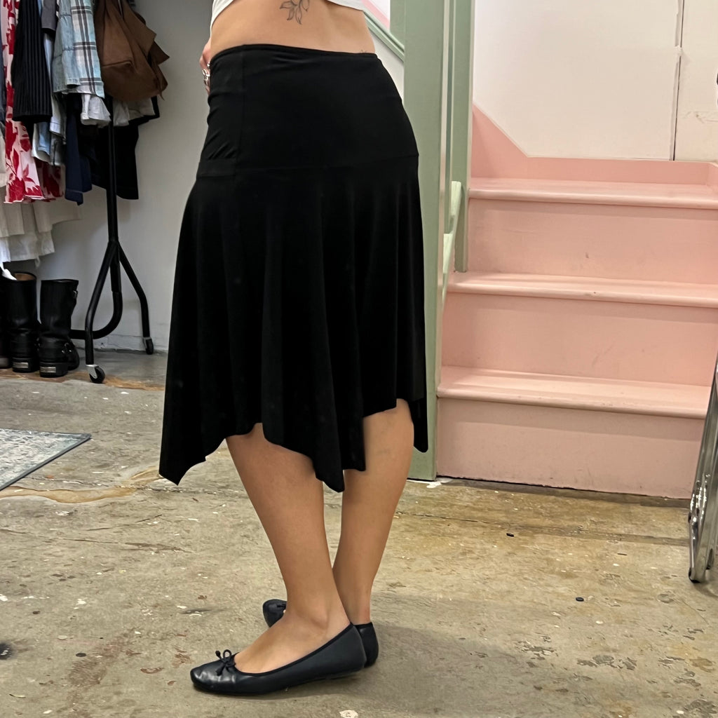 Black slinky asymmetrical midi skirt