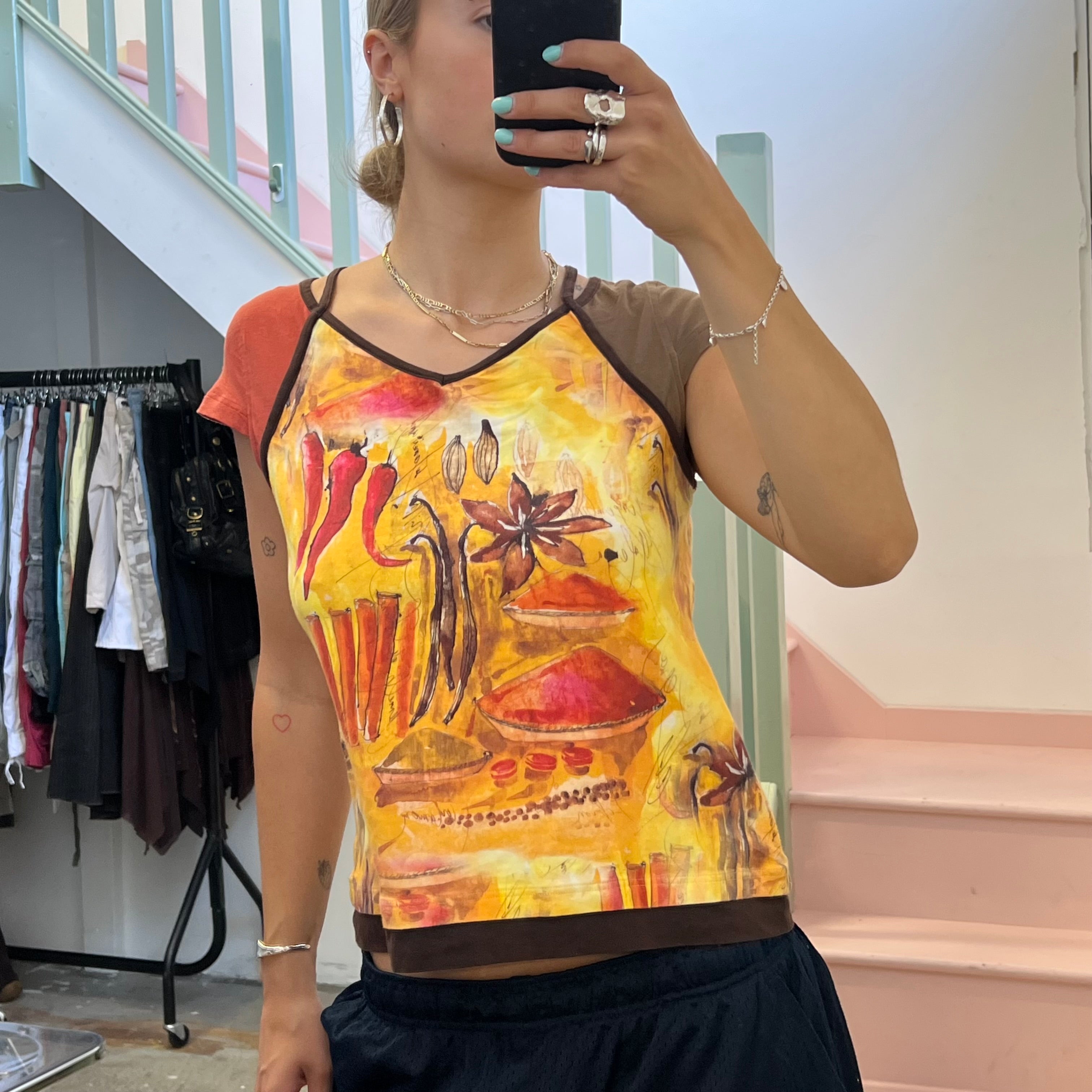 Yellow and orange graphic print vintage top