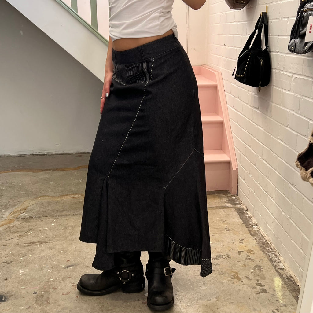 Denim patchwork utility style maxi skirt