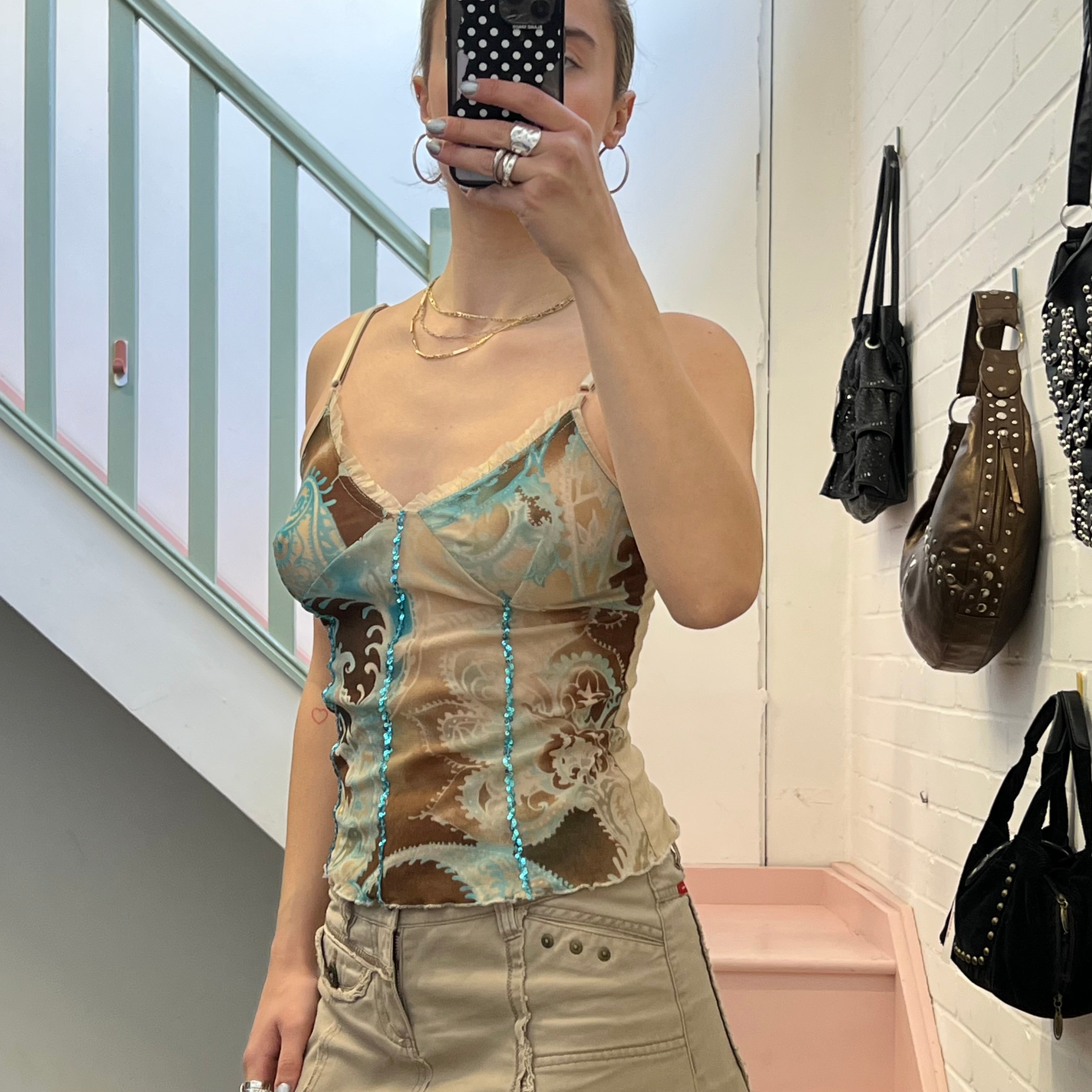 Blue and cream printed mesh vest