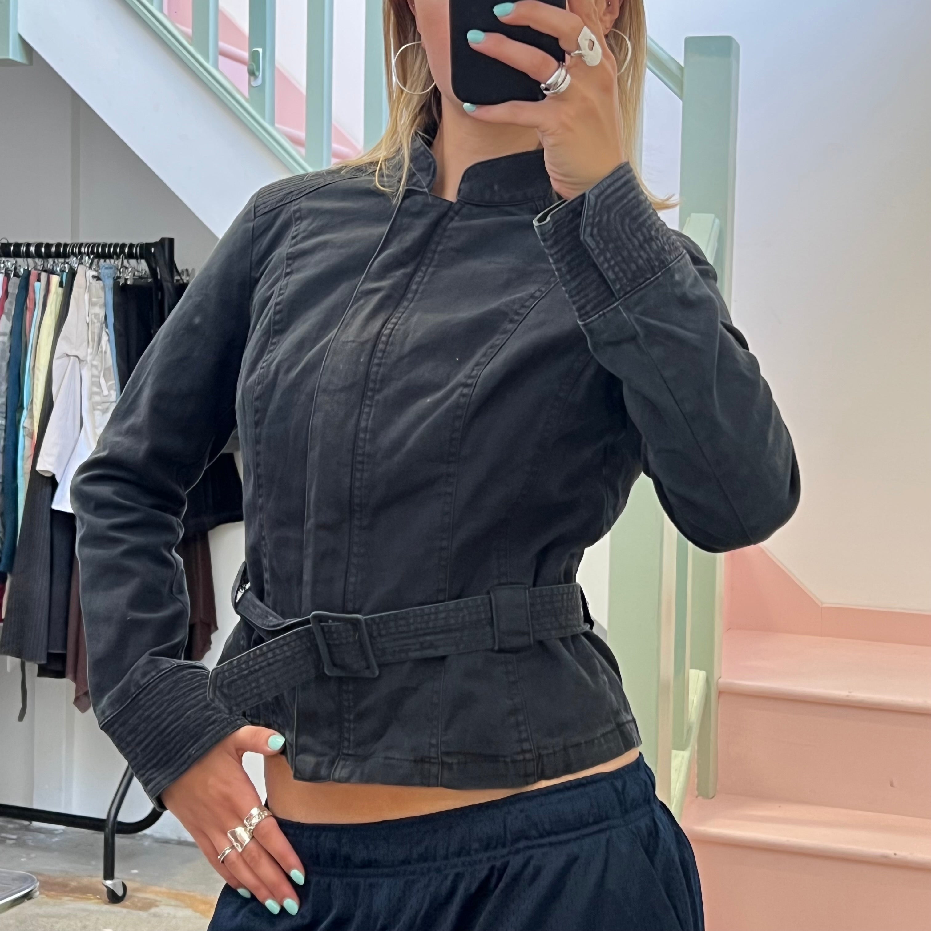 Black fitted belted cotton jacket