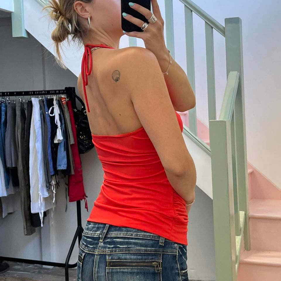 Red halter-neck ruched beaded vest