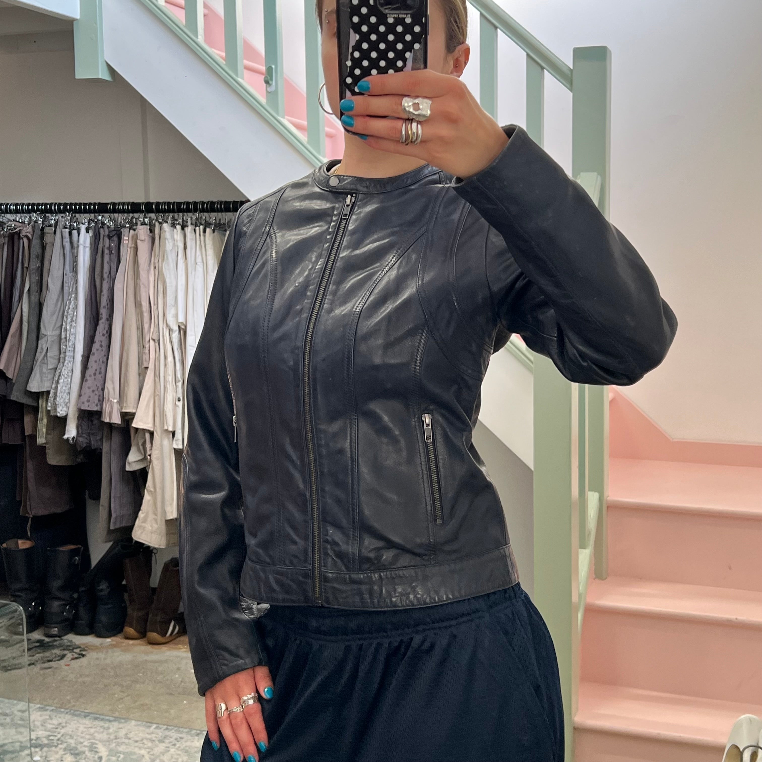 Naf Naf navy leather biker jacket