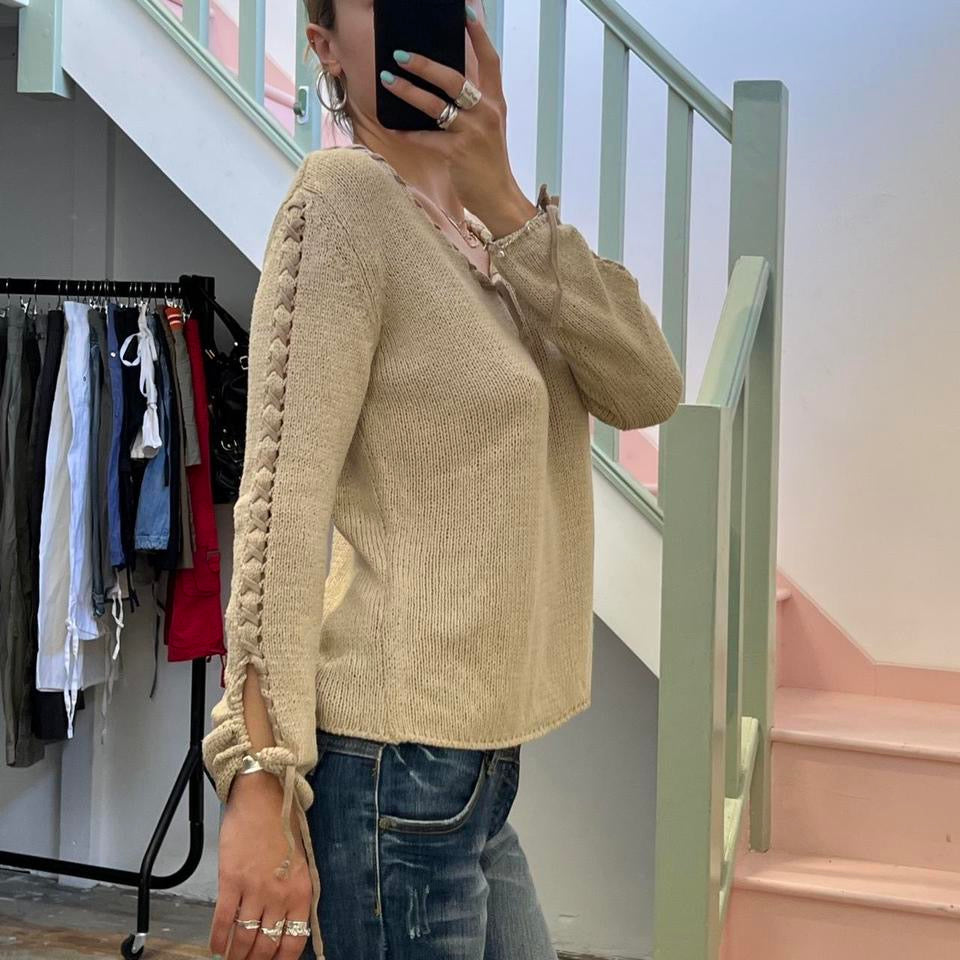 Cream lace up knitted sweater