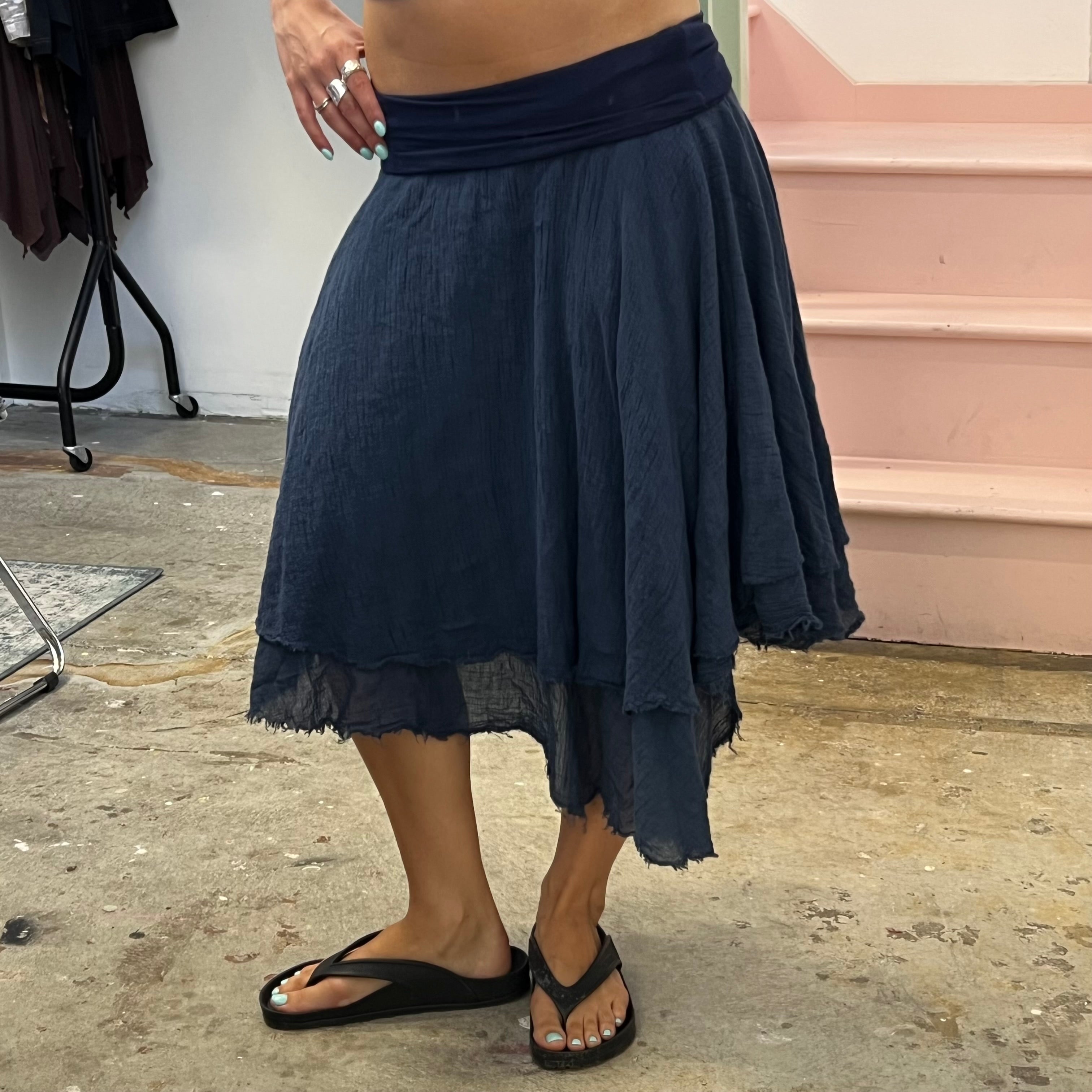 Navy layered asymmetrical fold waist midi skirt