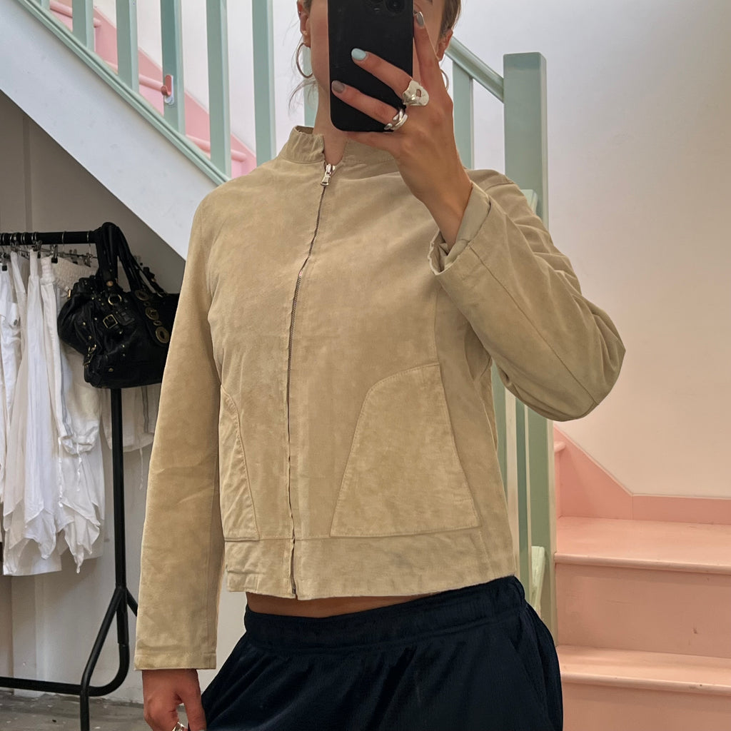 Cream suede zip up fitted jacket