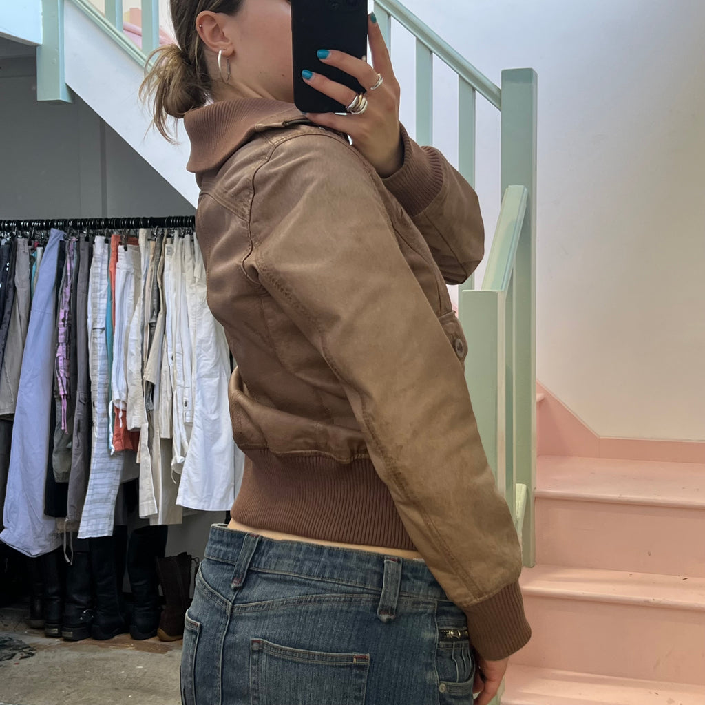 Brown leather zip up bomber jacket
