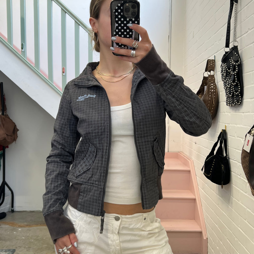 Grey checkered gingham lightweight vintage bomber jacket