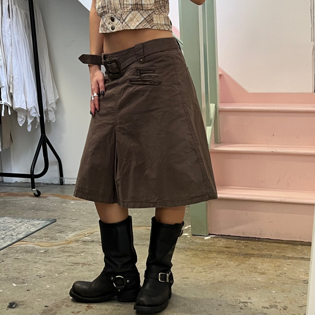 Brown belted cargo midi skirt