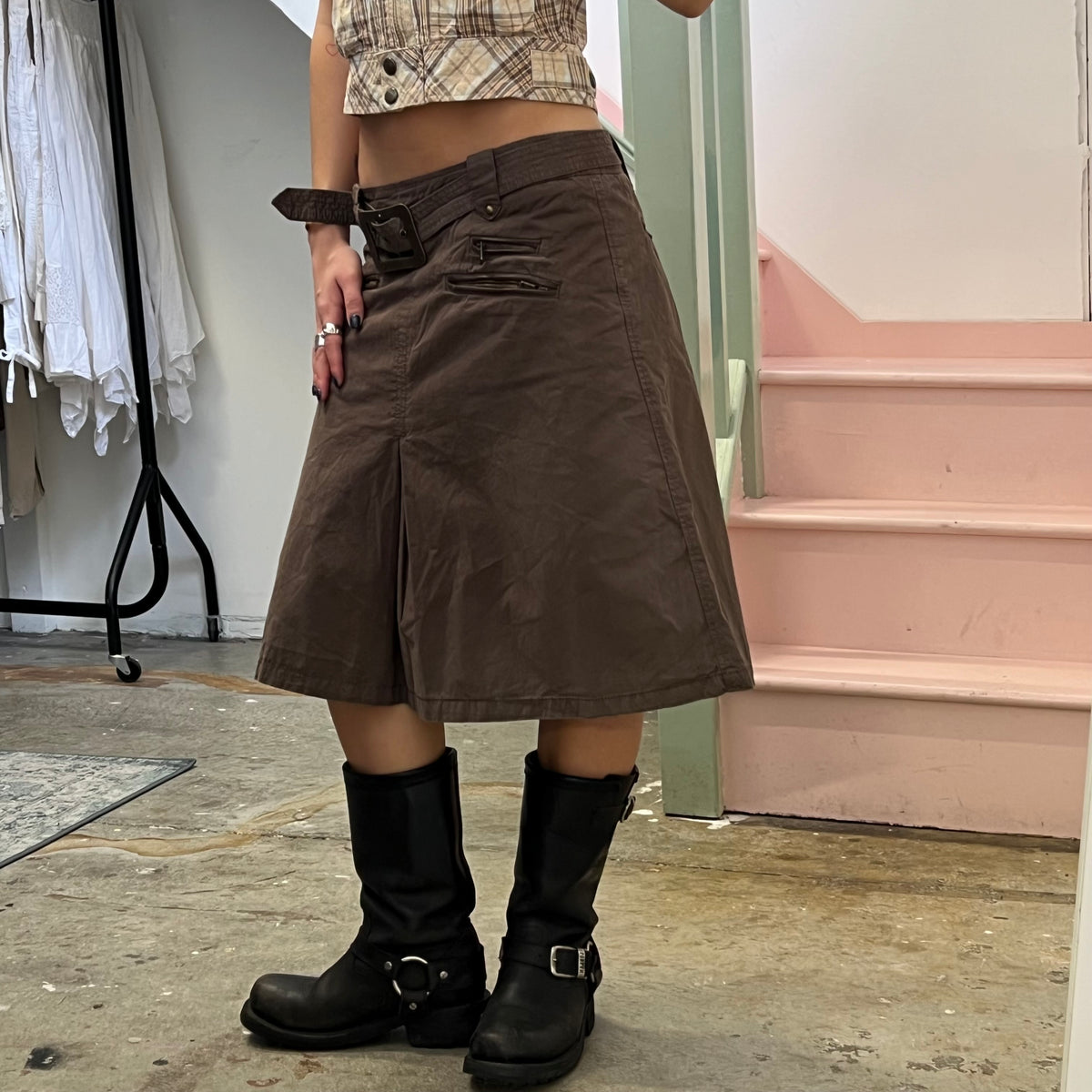 Brown belted cargo midi skirt