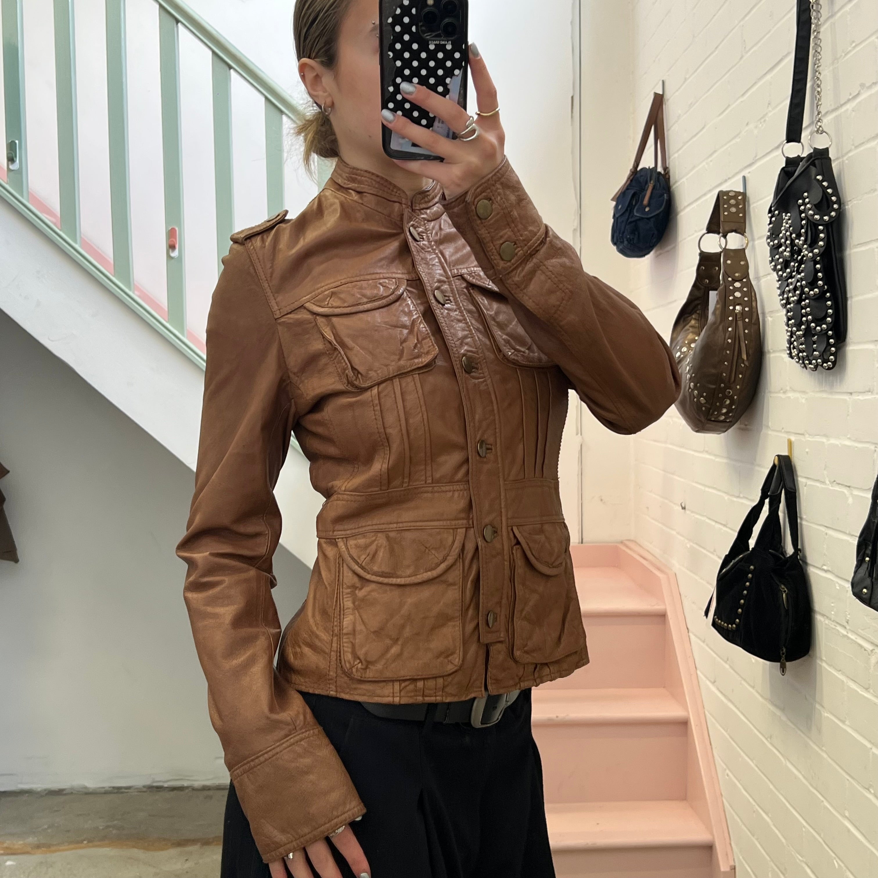 Brown tan button up fitted leather jacket