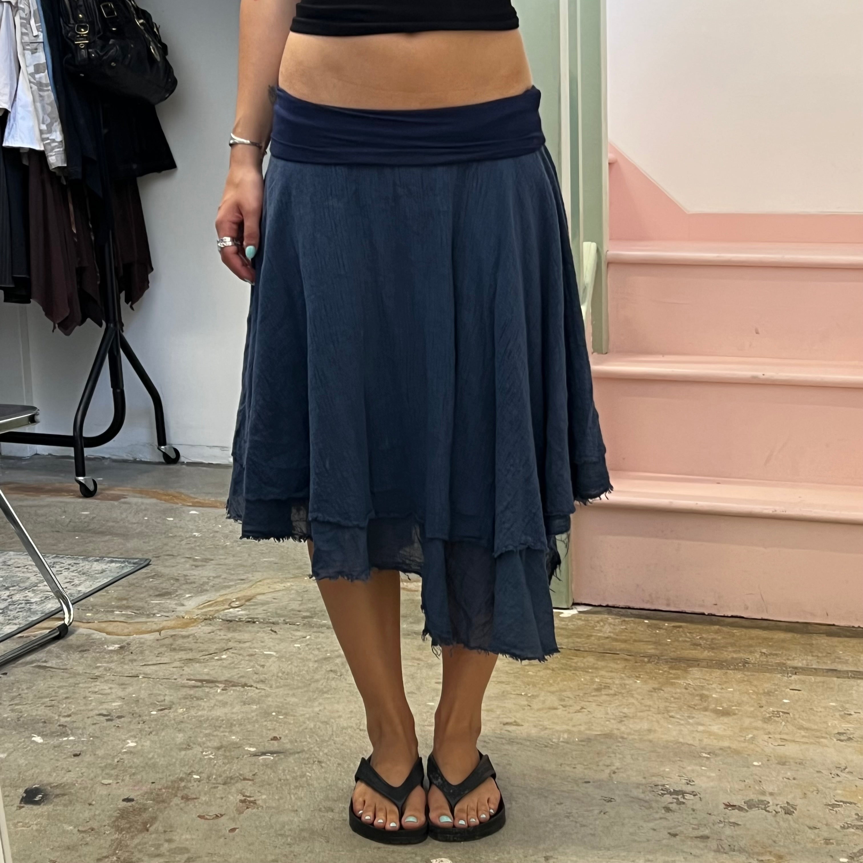 Navy layered asymmetrical fold waist midi skirt
