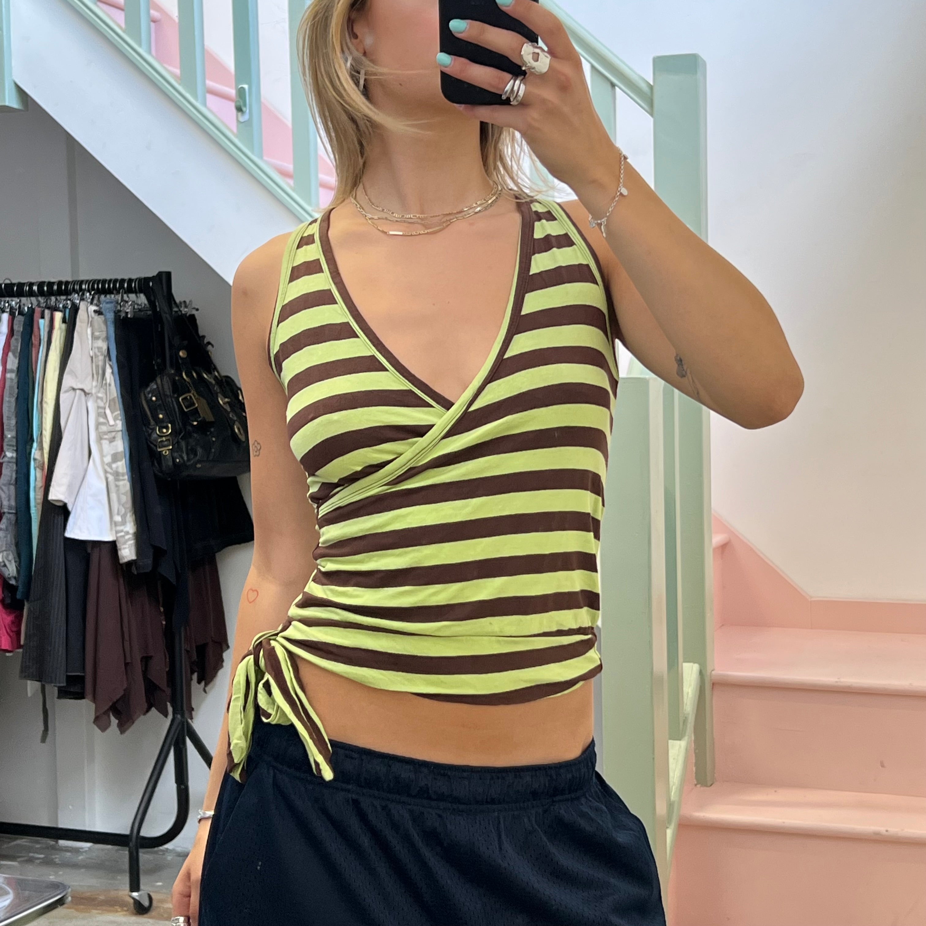 Green and brown striped v neck vest