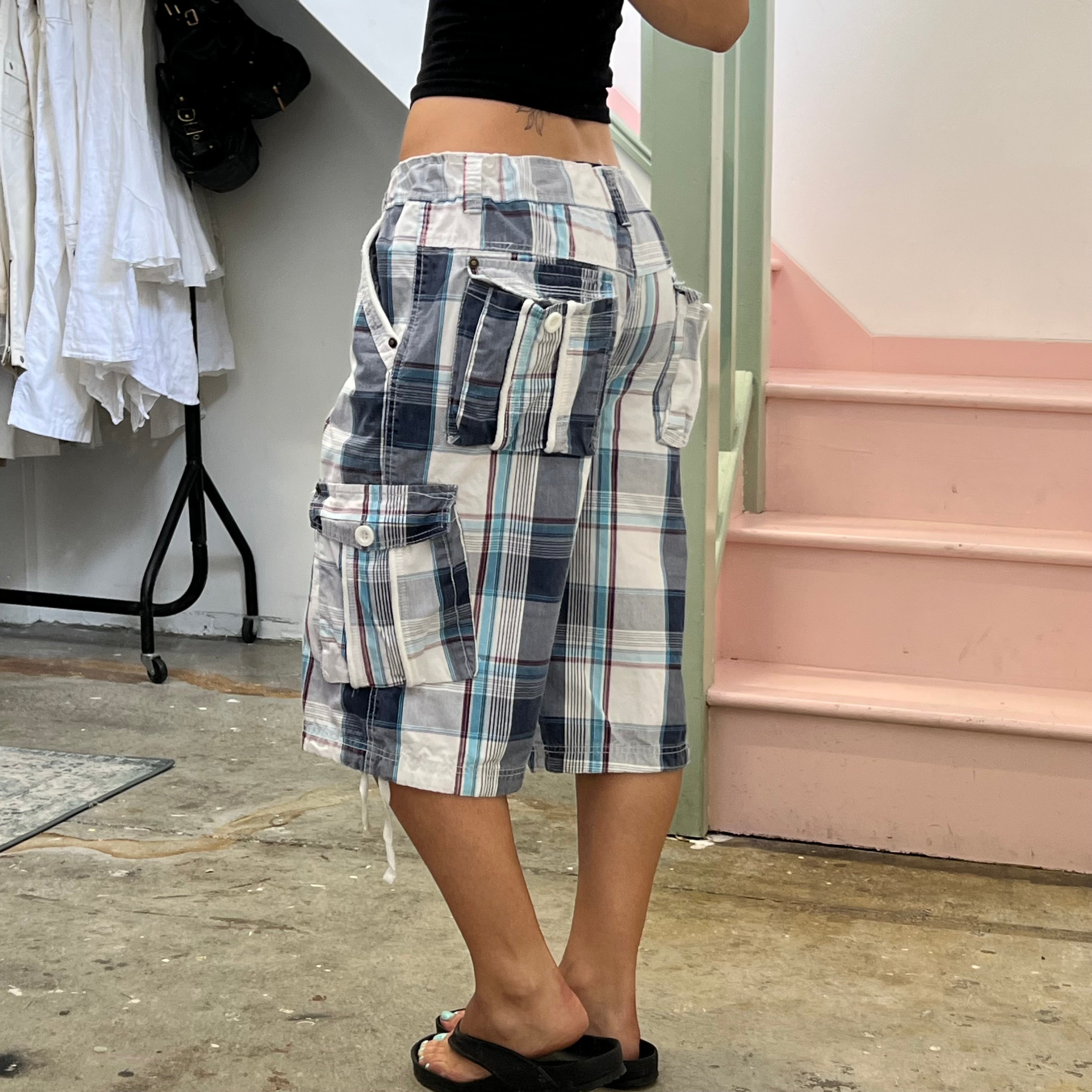White and blue checkered baggy cargo shorts