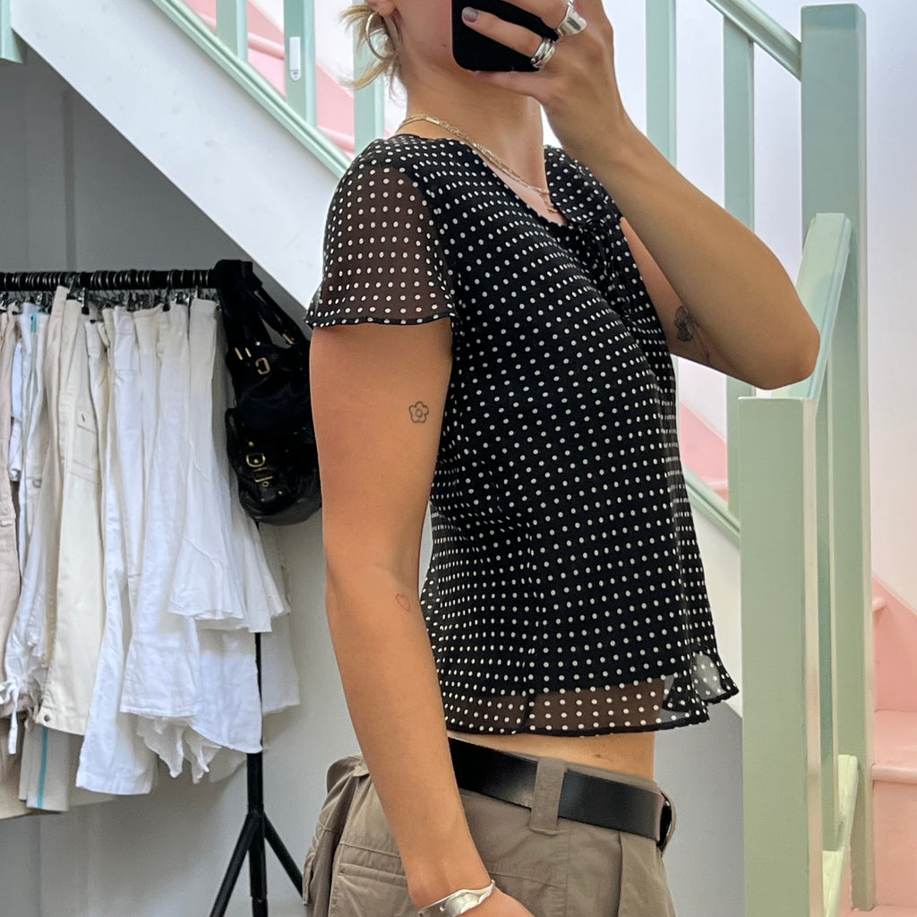 Black and white polka dot floaty top