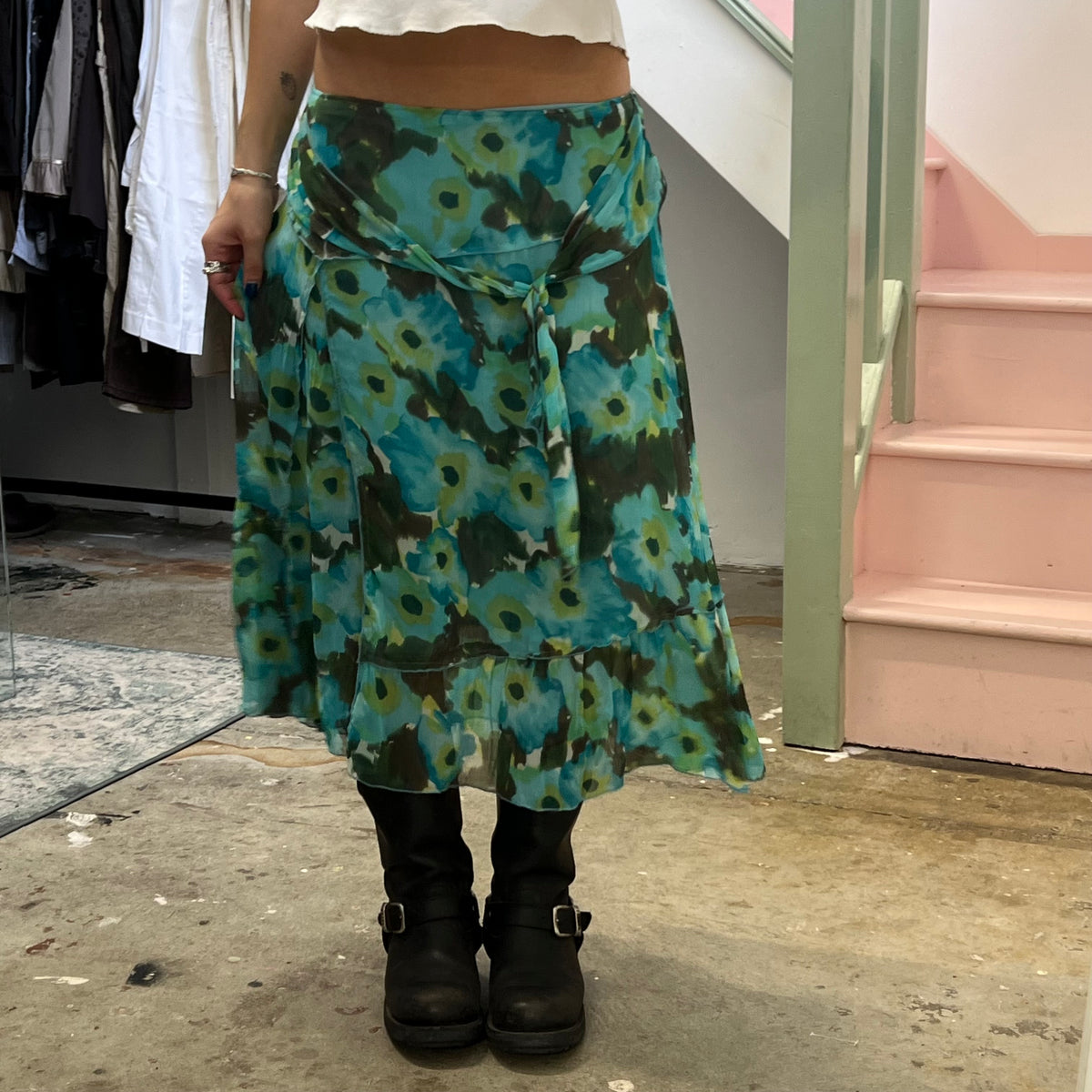 Turquoise printed floral maxi skirt