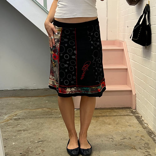 Black graphic print patchwork midi skirt