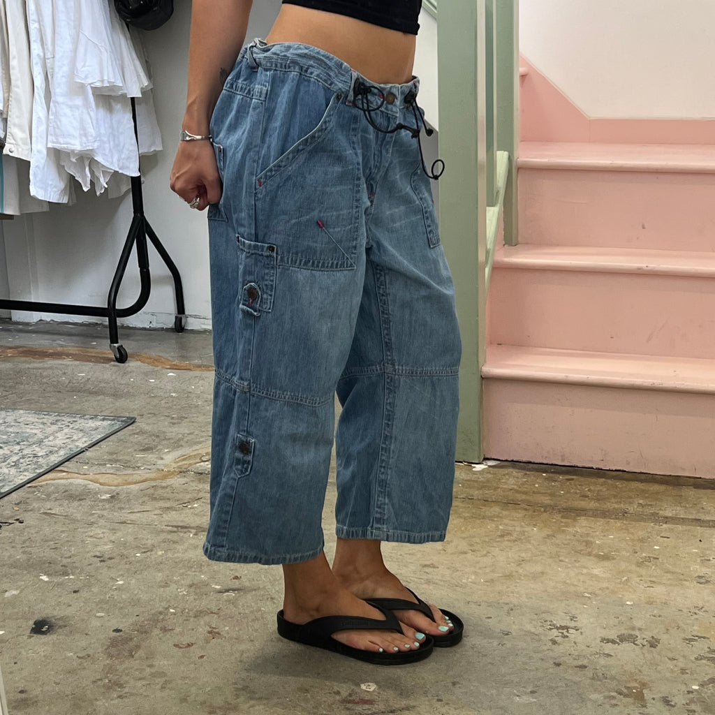 Blue wide leg baggy denim cargo capris